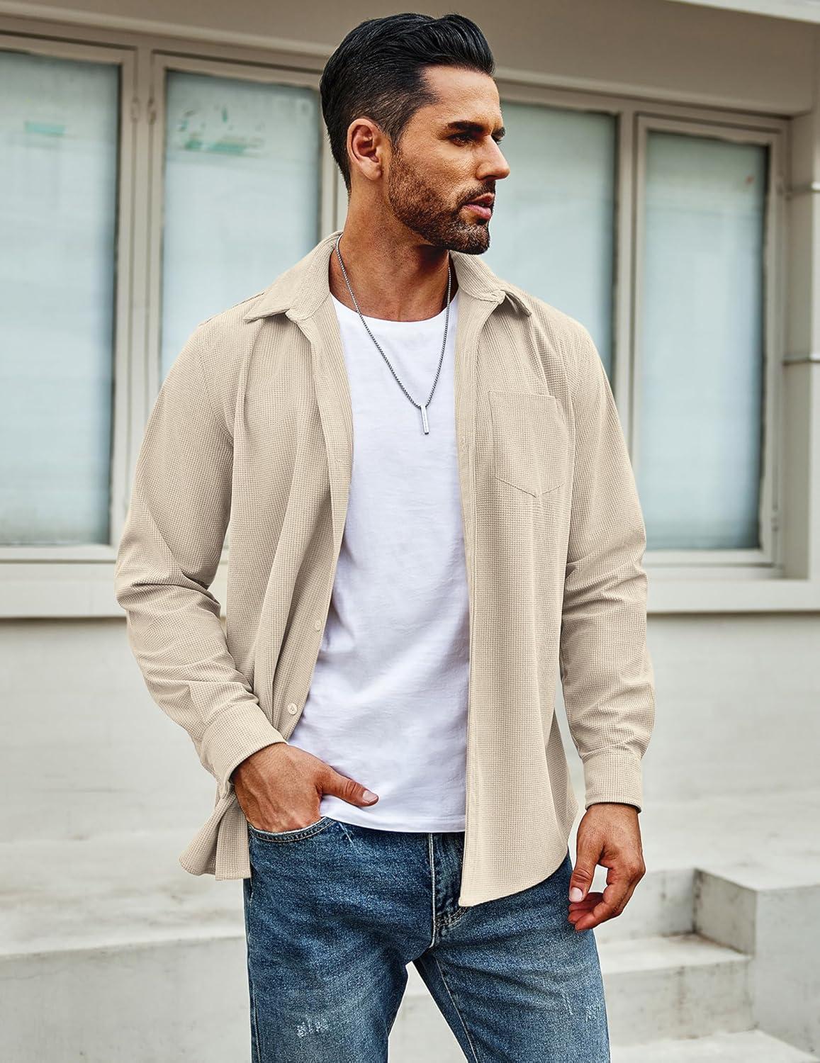 imageCOOFANDY Mens Waffle Button Down Shirts Casual Long Sleeve Shacket Jacket with PocketsLight Khaki