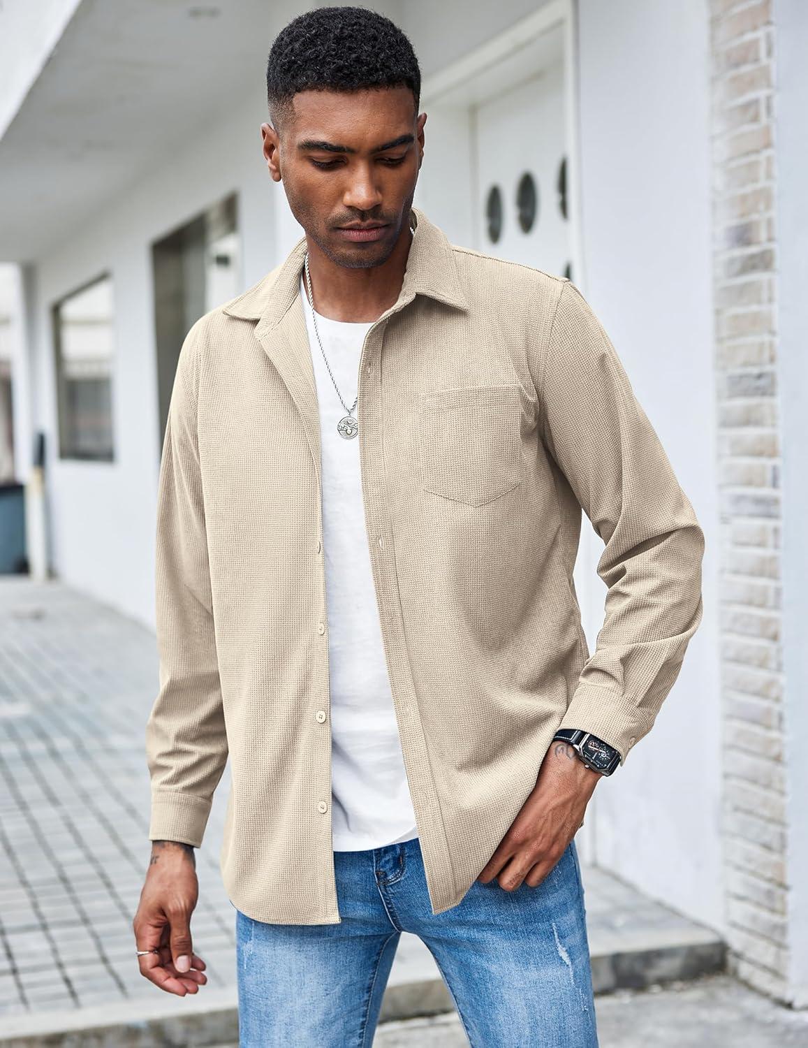 imageCOOFANDY Mens Waffle Button Down Shirts Casual Long Sleeve Shacket Jacket with PocketsLight Khaki