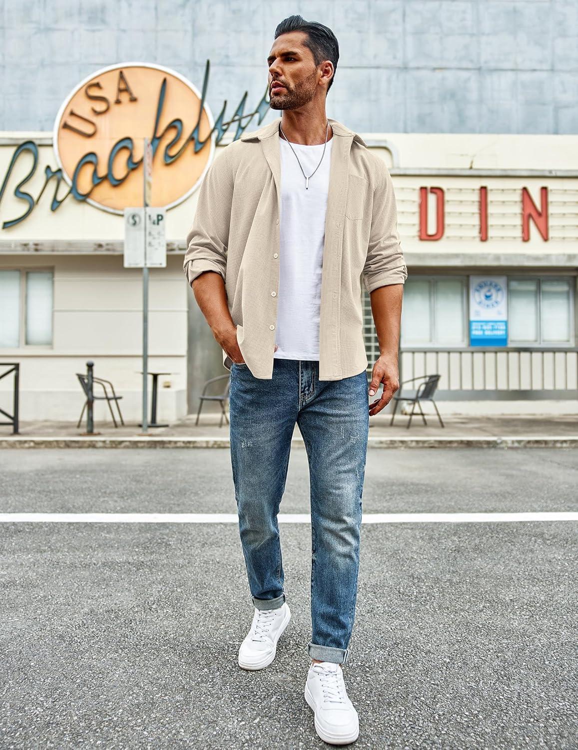 imageCOOFANDY Mens Waffle Button Down Shirts Casual Long Sleeve Shacket Jacket with PocketsLight Khaki