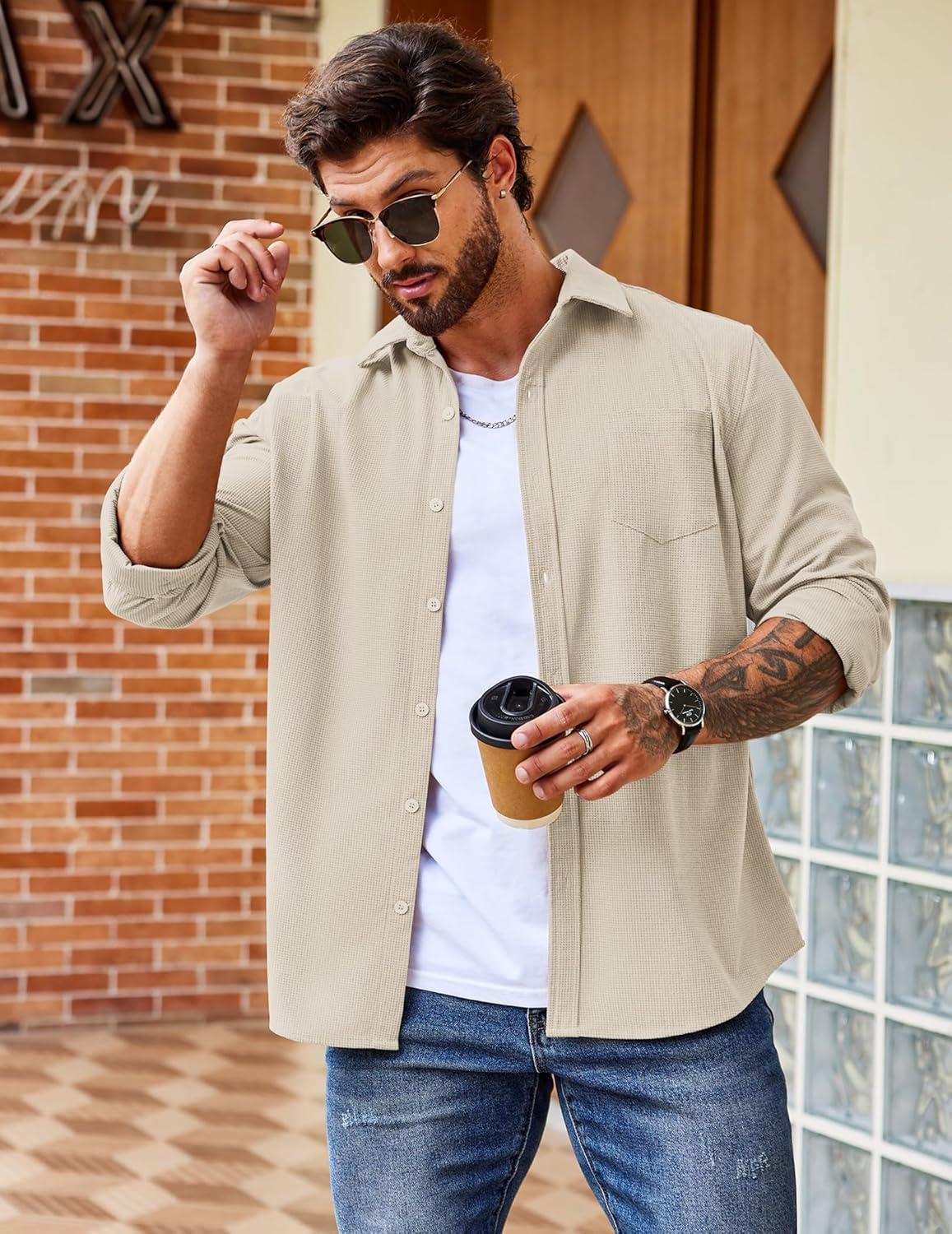 imageCOOFANDY Mens Waffle Button Down Shirts Casual Long Sleeve Shacket Jacket with PocketsMoon Grey