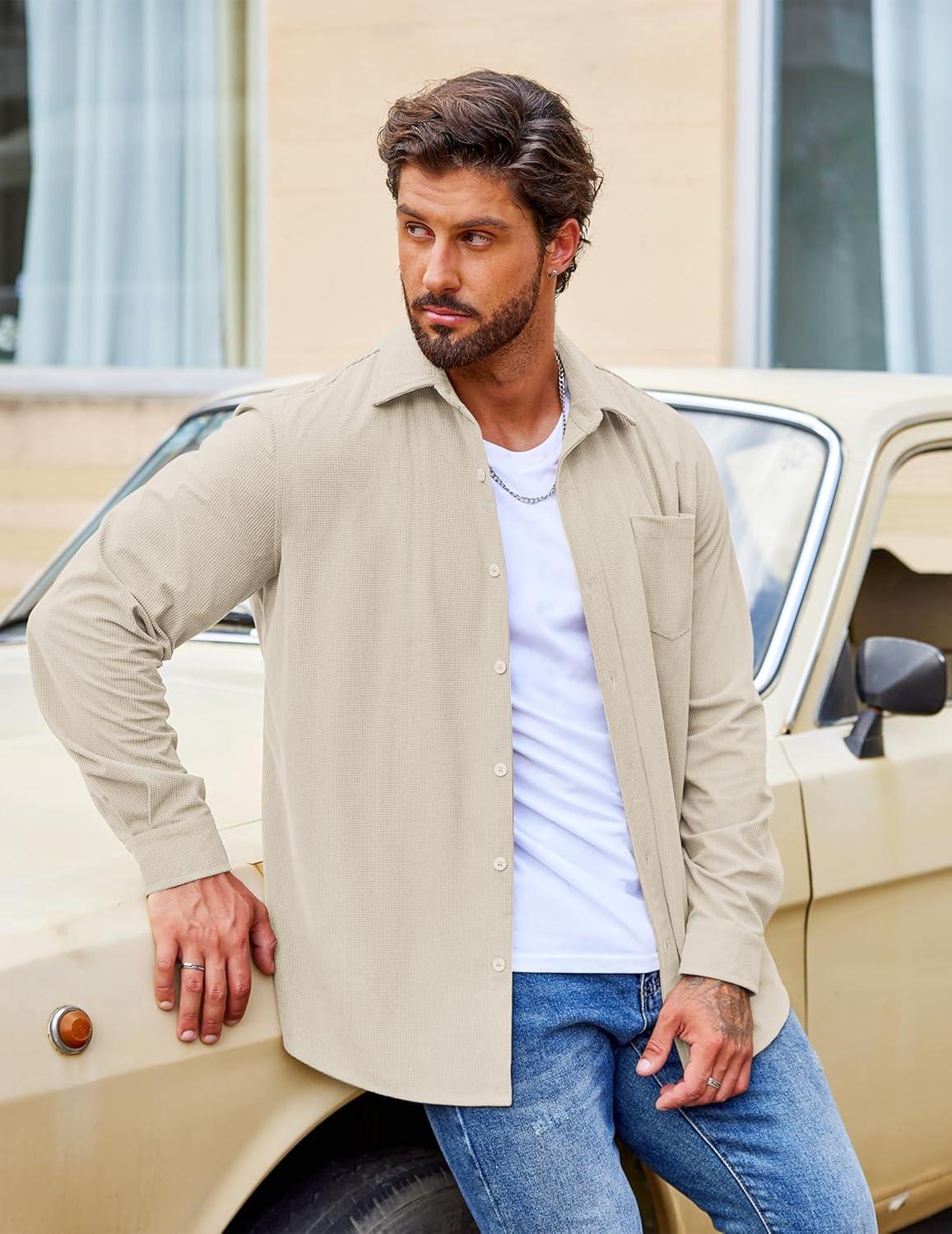 imageCOOFANDY Mens Waffle Button Down Shirts Casual Long Sleeve Shacket Jacket with PocketsMoon Grey