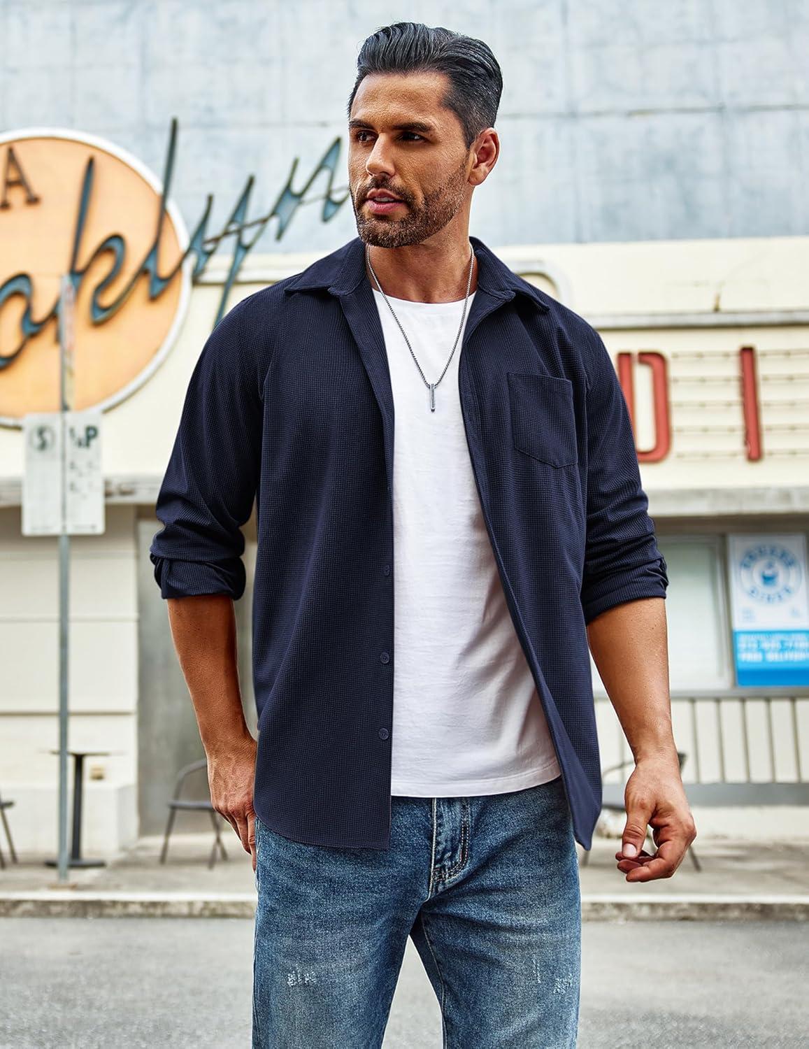 imageCOOFANDY Mens Waffle Button Down Shirts Casual Long Sleeve Shacket Jacket with PocketsNave Blue