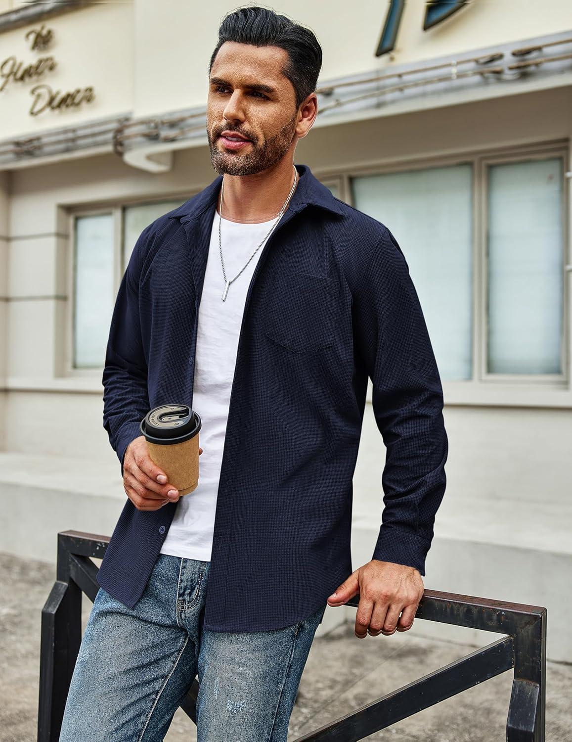 imageCOOFANDY Mens Waffle Button Down Shirts Casual Long Sleeve Shacket Jacket with PocketsNave Blue