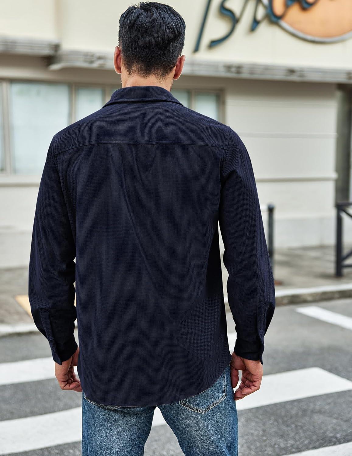 imageCOOFANDY Mens Waffle Button Down Shirts Casual Long Sleeve Shacket Jacket with PocketsNave Blue