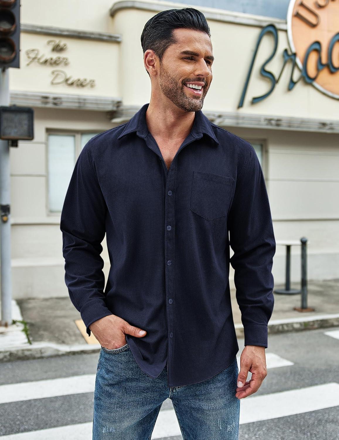 imageCOOFANDY Mens Waffle Button Down Shirts Casual Long Sleeve Shacket Jacket with PocketsNave Blue