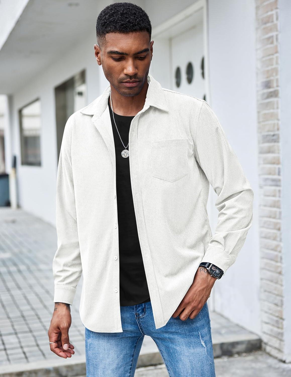 imageCOOFANDY Mens Waffle Button Down Shirts Casual Long Sleeve Shacket Jacket with PocketsWhite