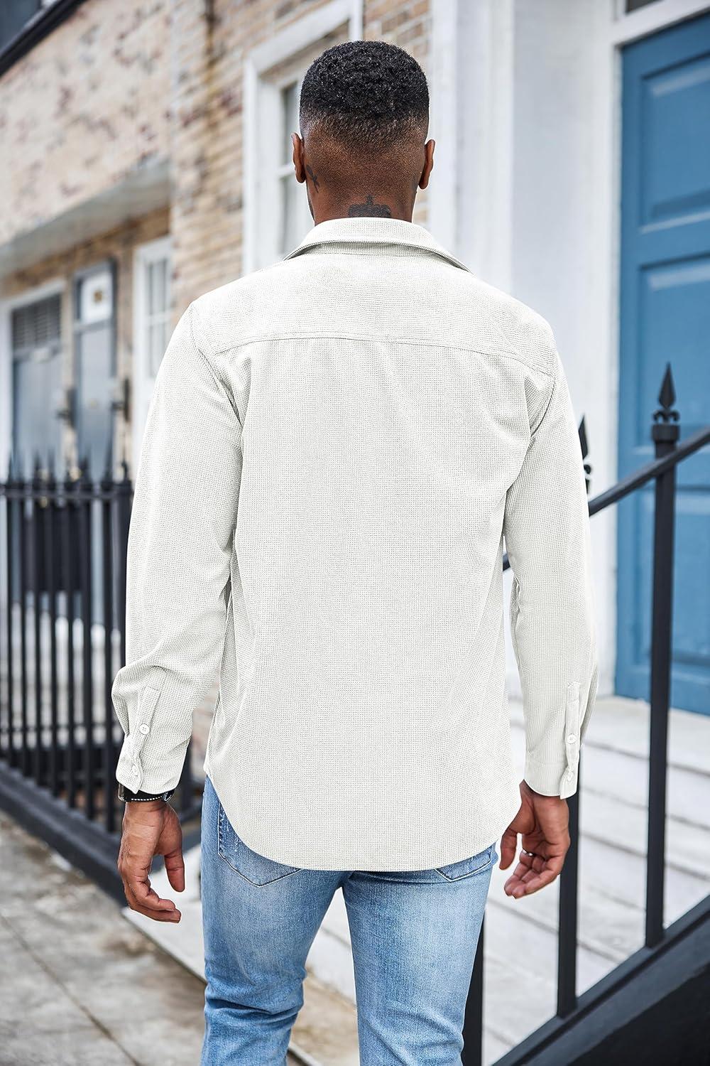 imageCOOFANDY Mens Waffle Button Down Shirts Casual Long Sleeve Shacket Jacket with PocketsWhite