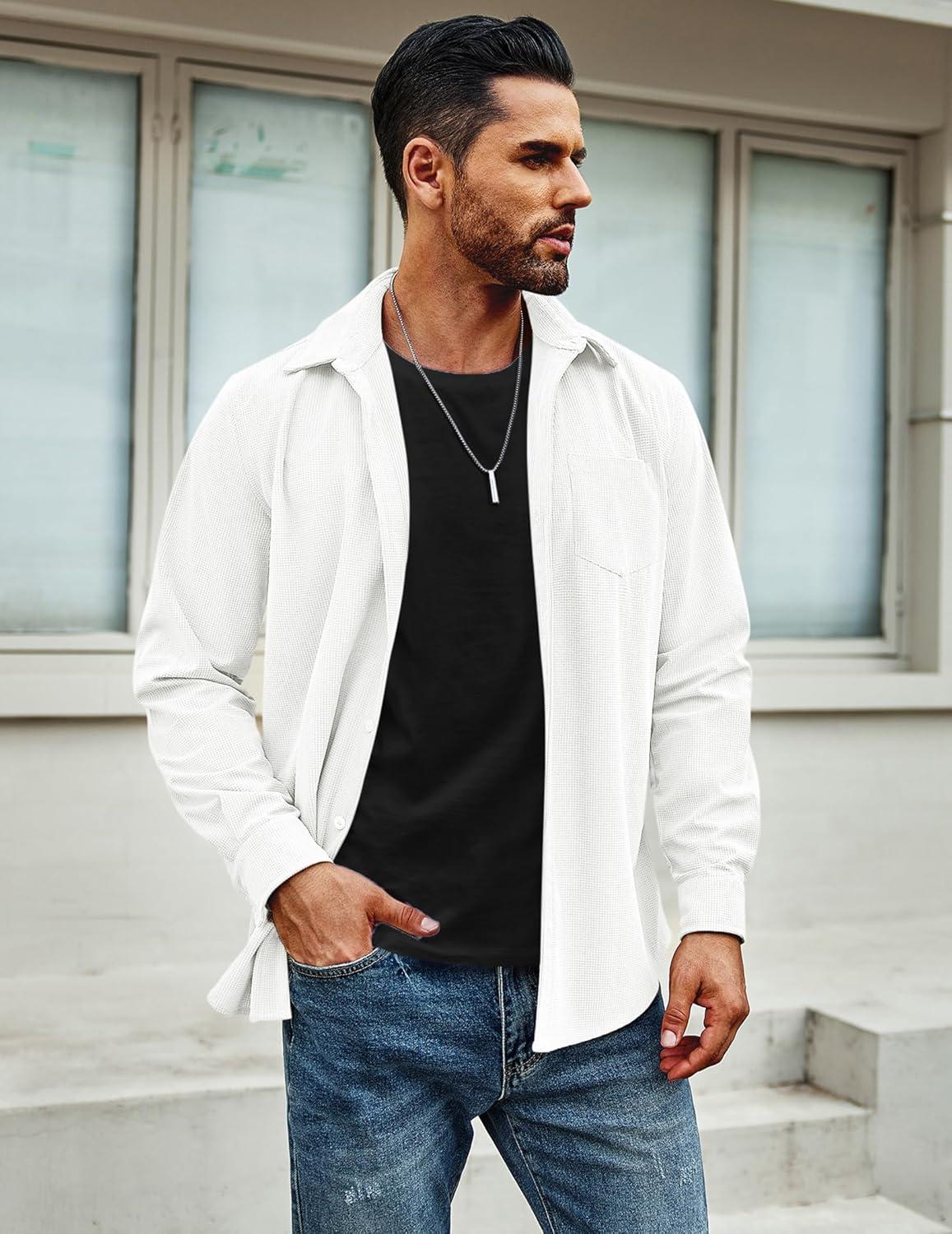 imageCOOFANDY Mens Waffle Button Down Shirts Casual Long Sleeve Shacket Jacket with PocketsWhite