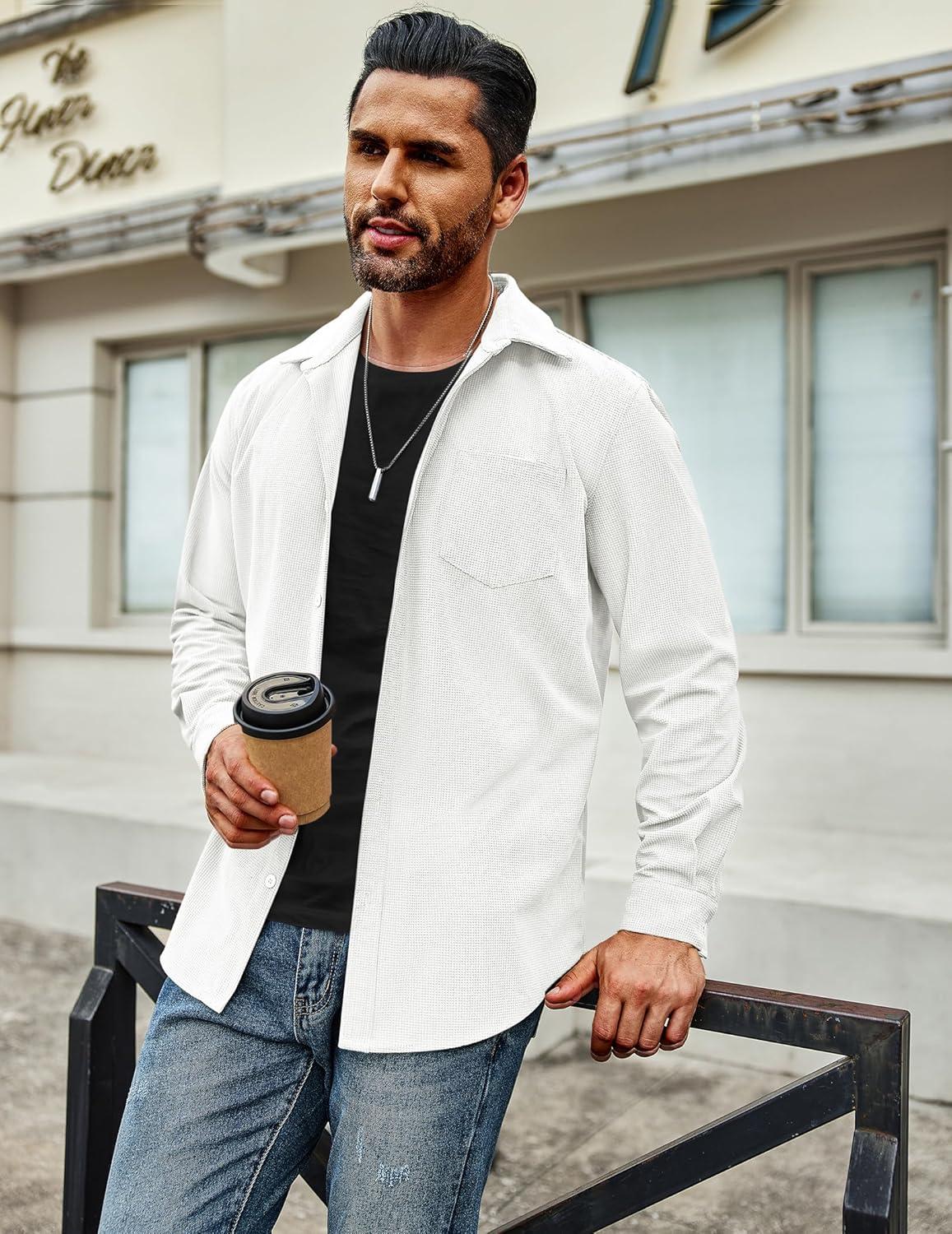 imageCOOFANDY Mens Waffle Button Down Shirts Casual Long Sleeve Shacket Jacket with PocketsWhite