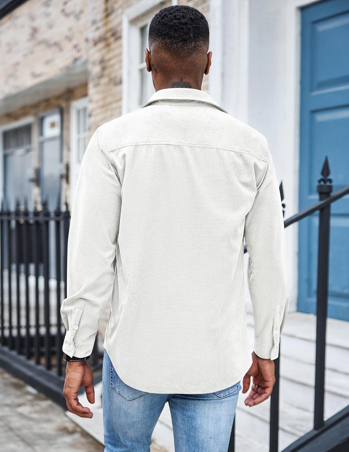 imageCOOFANDY Mens Waffle Button Down Shirts Casual Long Sleeve Shacket Jacket with PocketsWhite