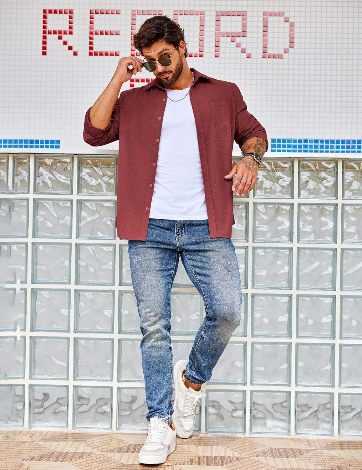 imageCOOFANDY Mens Waffle Button Down Shirts Casual Long Sleeve Shacket Jacket with PocketsWine Red