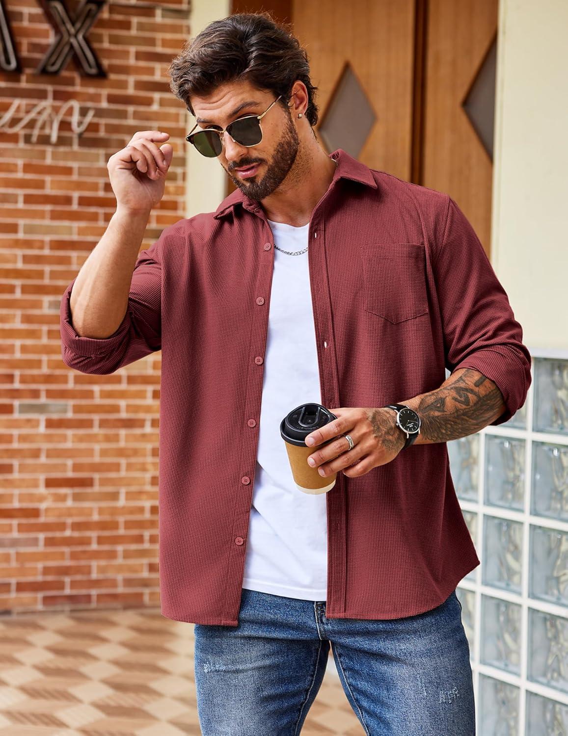 imageCOOFANDY Mens Waffle Button Down Shirts Casual Long Sleeve Shacket Jacket with PocketsWine Red