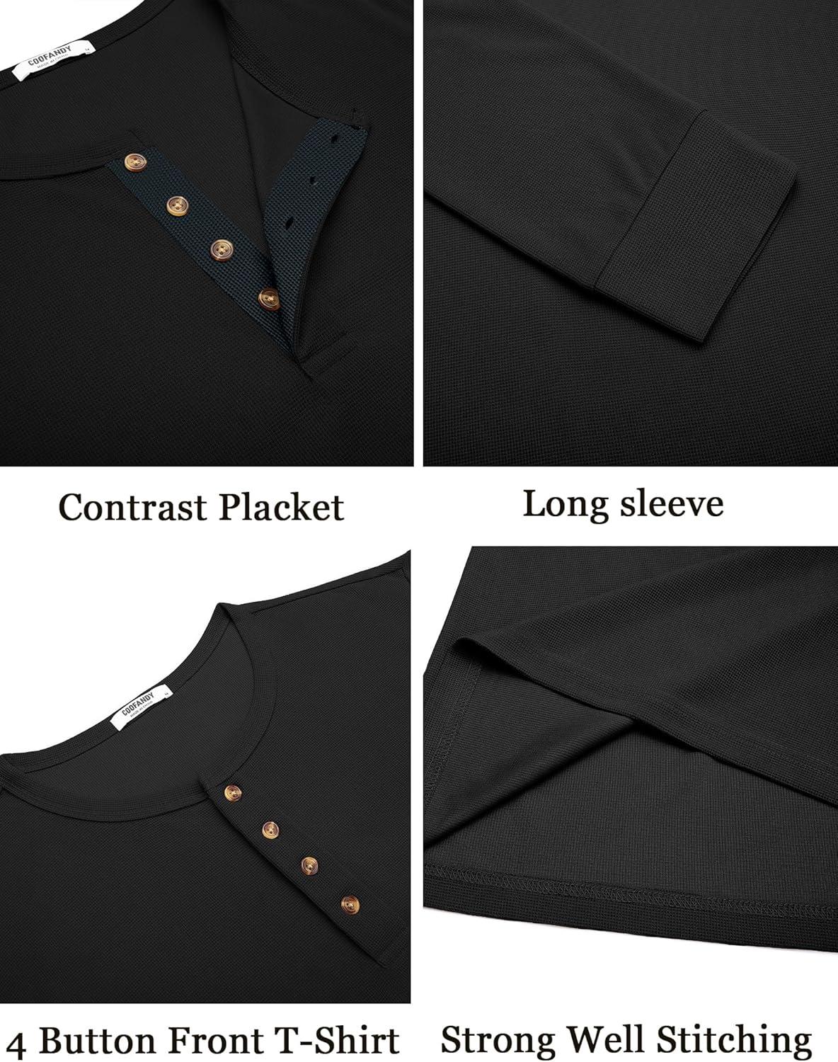 imageCOOFANDY Mens Waffle Henley Shirts Long Sleeve Casual TShirt Basic Lightweight Pullover TeesBlack