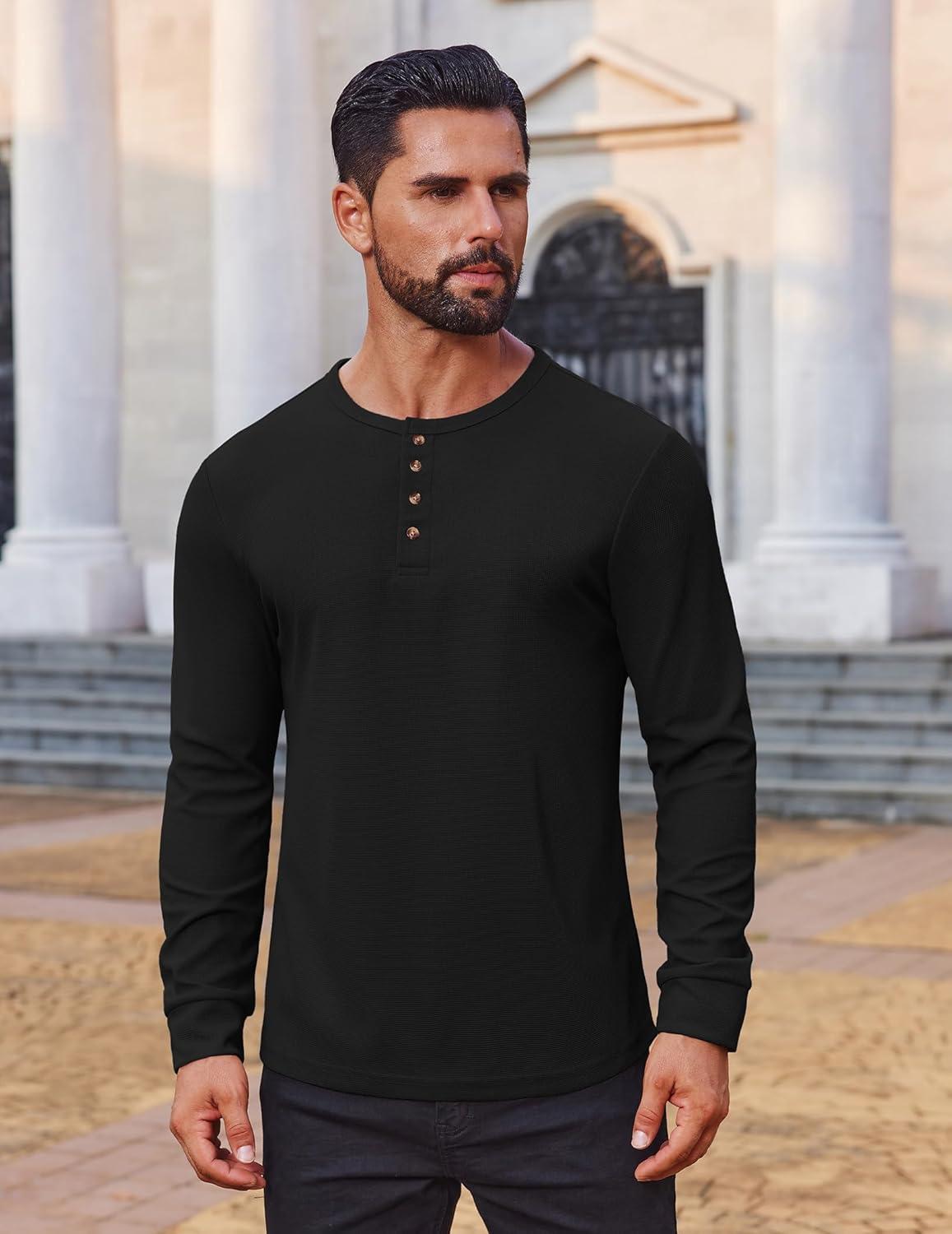 imageCOOFANDY Mens Waffle Henley Shirts Long Sleeve Casual TShirt Basic Lightweight Pullover TeesBlack