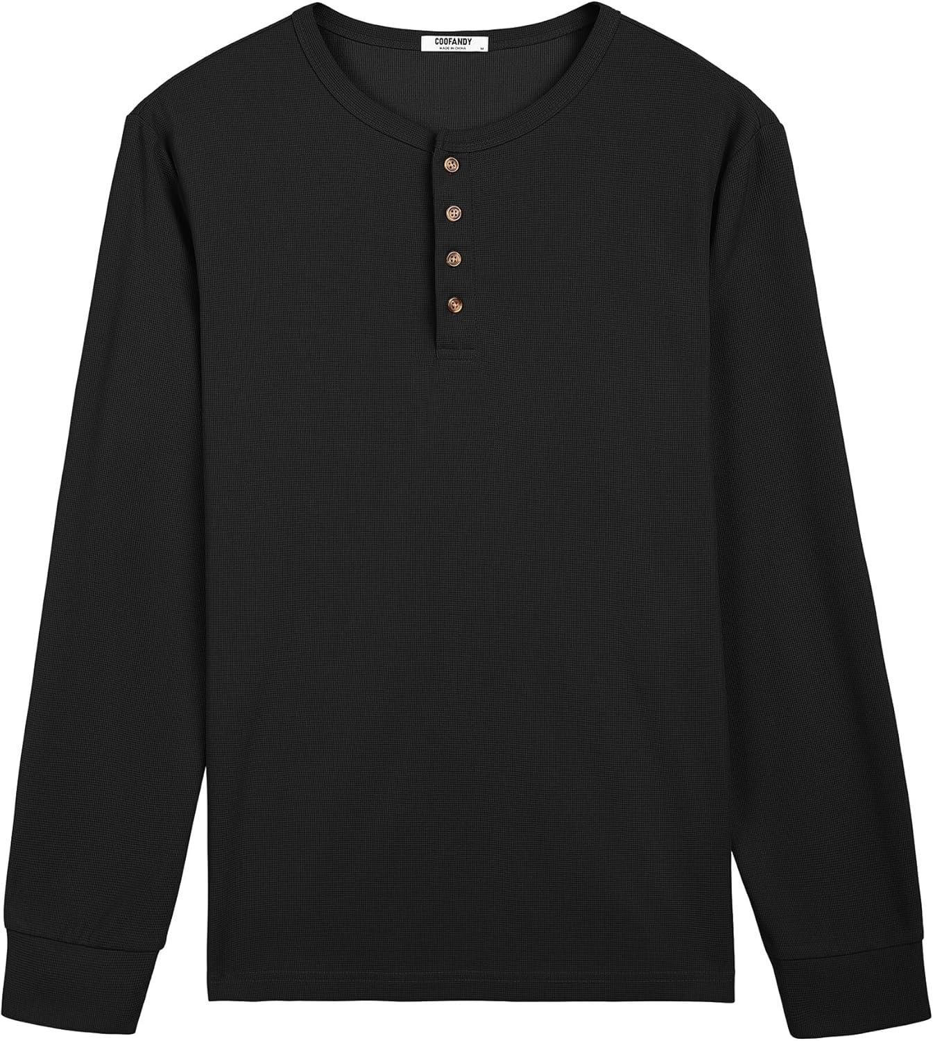 imageCOOFANDY Mens Waffle Henley Shirts Long Sleeve Casual TShirt Basic Lightweight Pullover TeesBlack