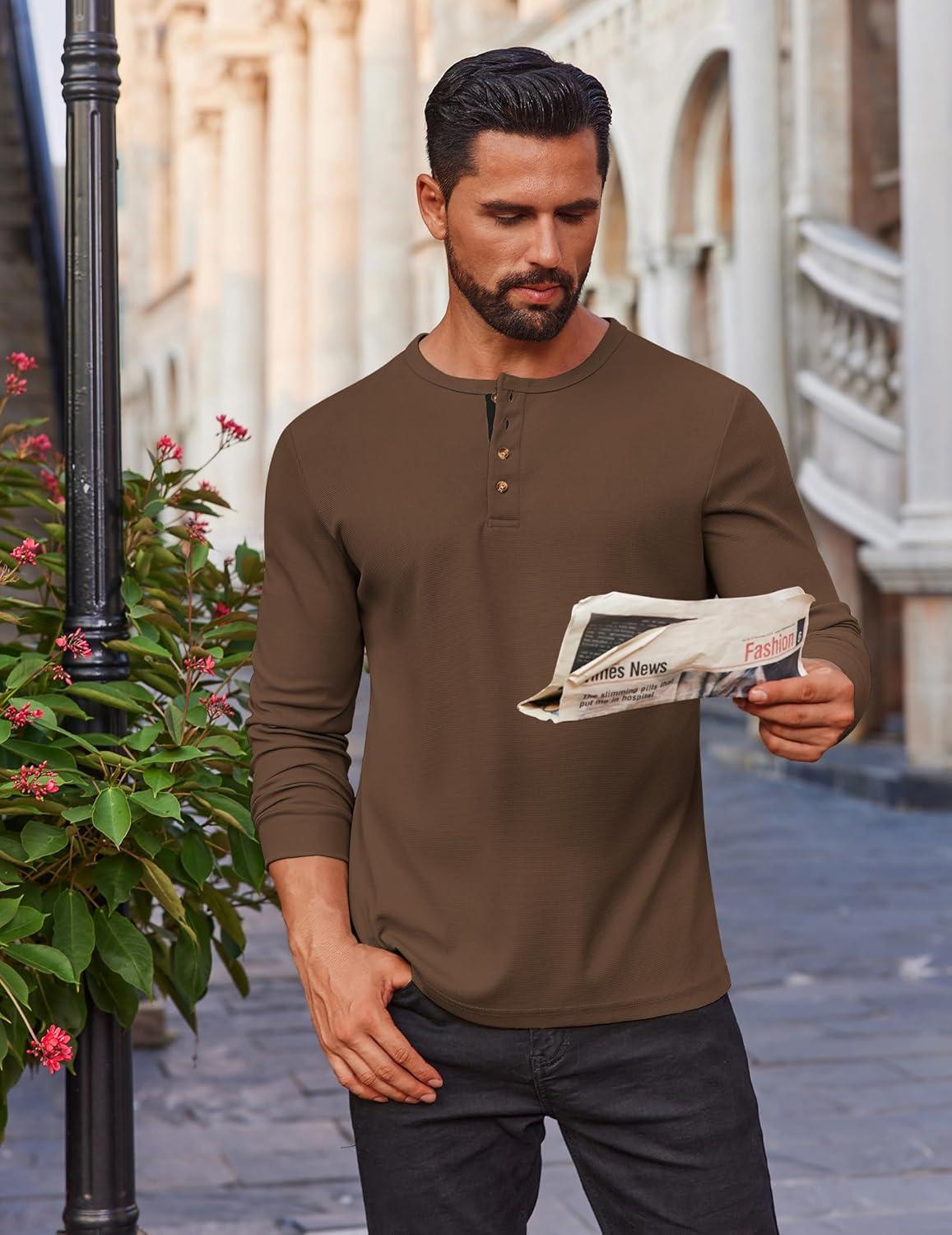 imageCOOFANDY Mens Waffle Henley Shirts Long Sleeve Casual TShirt Basic Lightweight Pullover TeesBrown