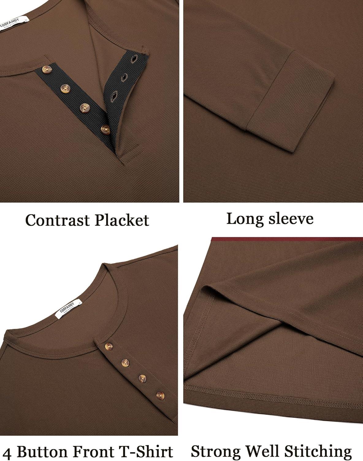 imageCOOFANDY Mens Waffle Henley Shirts Long Sleeve Casual TShirt Basic Lightweight Pullover TeesBrown