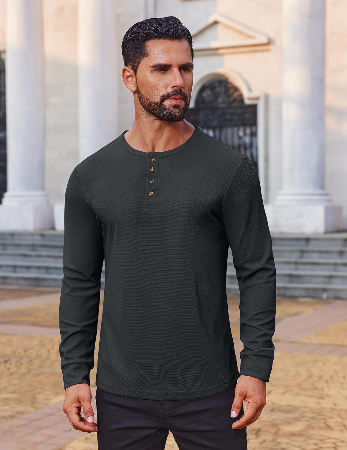 imageCOOFANDY Mens Waffle Henley Shirts Long Sleeve Casual TShirt Basic Lightweight Pullover TeesGray Blue