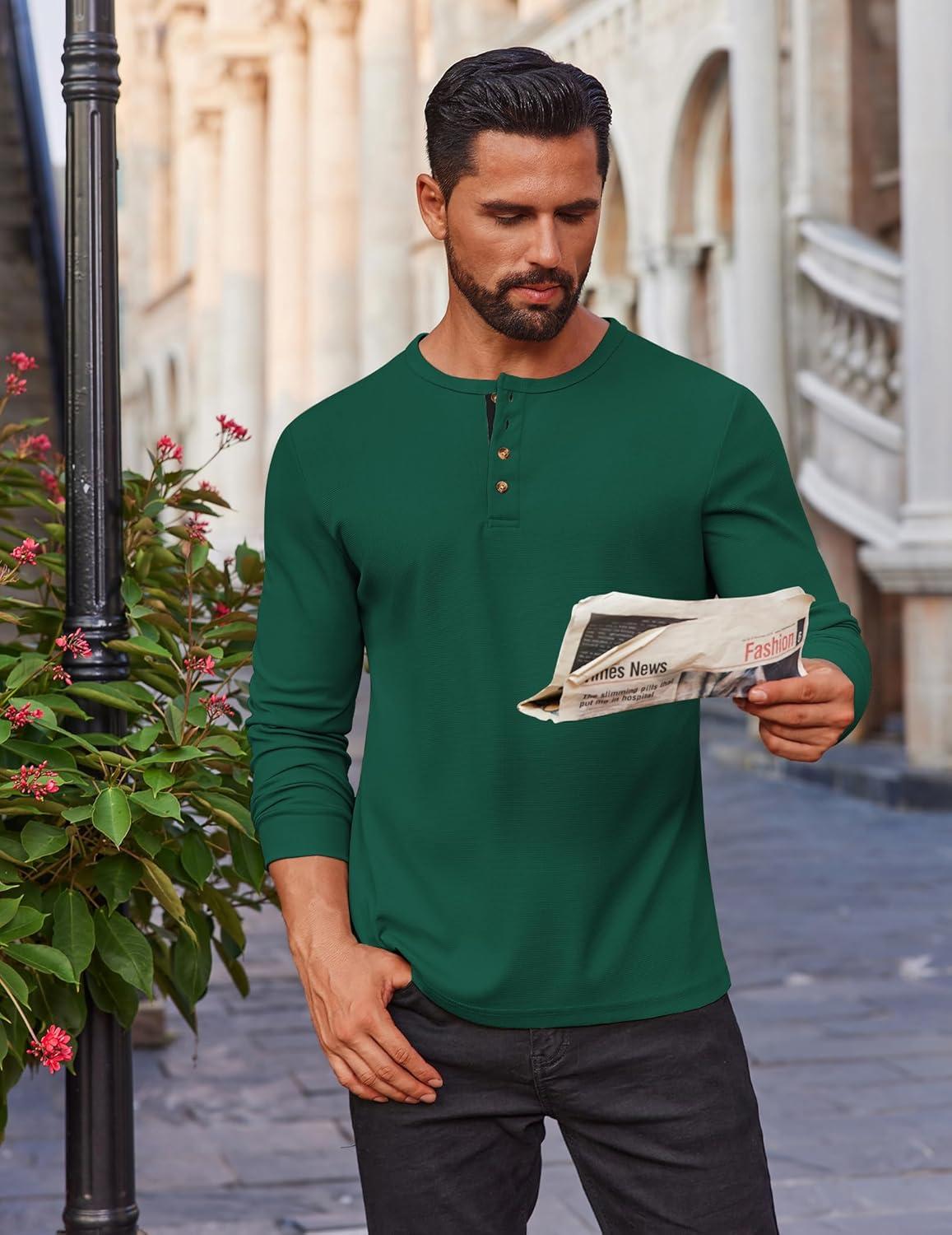 imageCOOFANDY Mens Waffle Henley Shirts Long Sleeve Casual TShirt Basic Lightweight Pullover TeesGreen