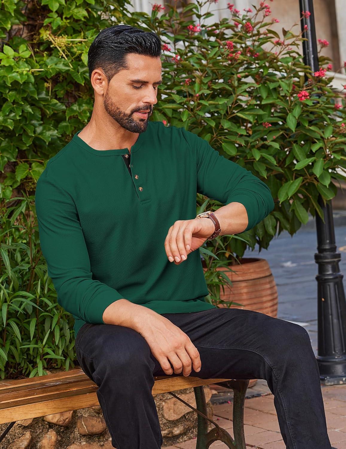 imageCOOFANDY Mens Waffle Henley Shirts Long Sleeve Casual TShirt Basic Lightweight Pullover TeesGreen