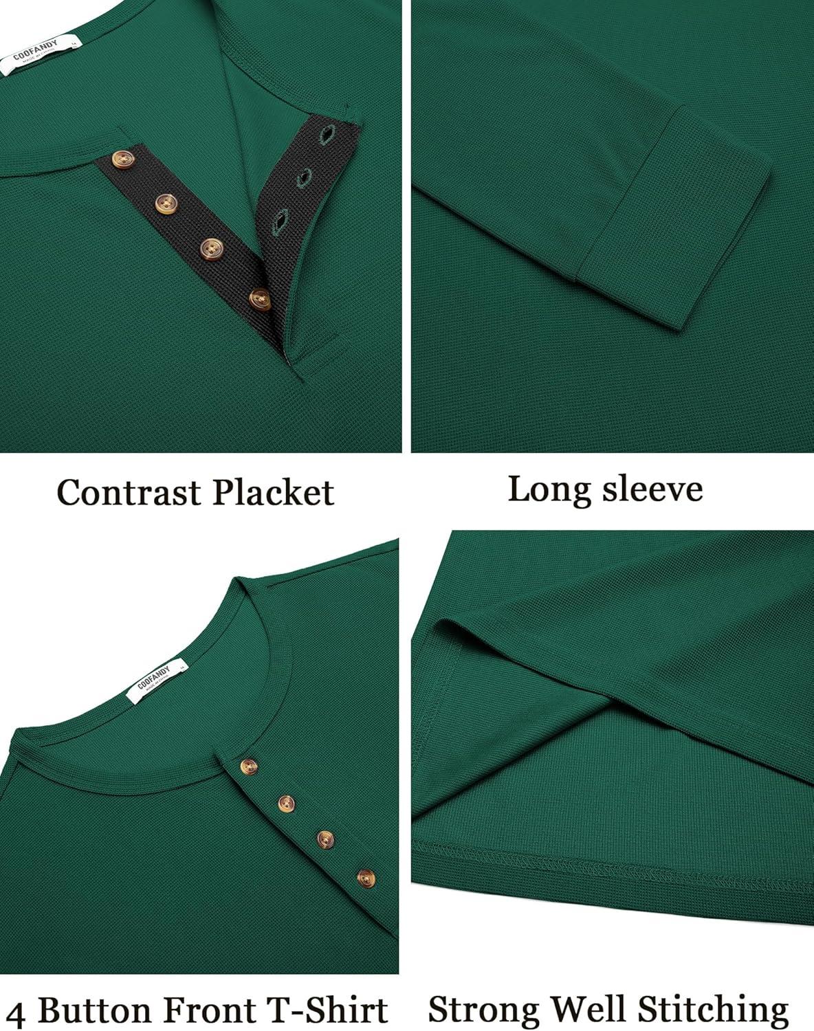 imageCOOFANDY Mens Waffle Henley Shirts Long Sleeve Casual TShirt Basic Lightweight Pullover TeesGreen