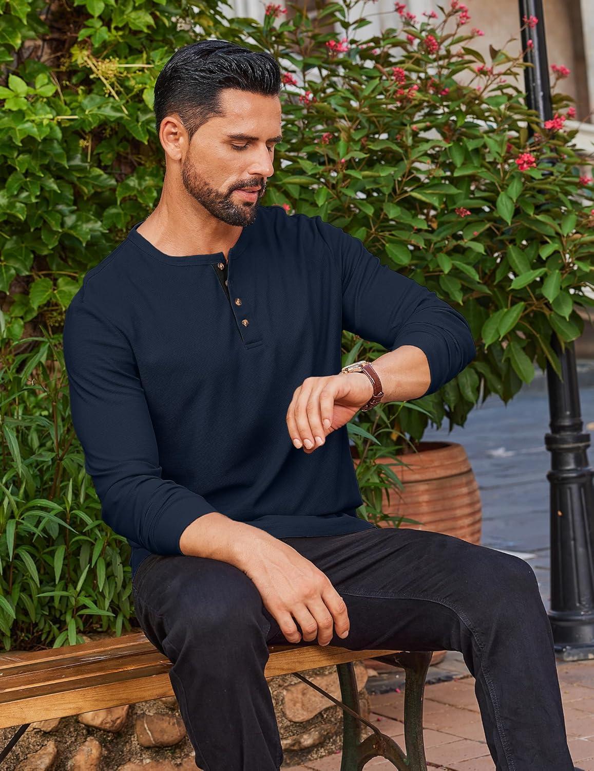 imageCOOFANDY Mens Waffle Henley Shirts Long Sleeve Casual TShirt Basic Lightweight Pullover TeesNavy Blue