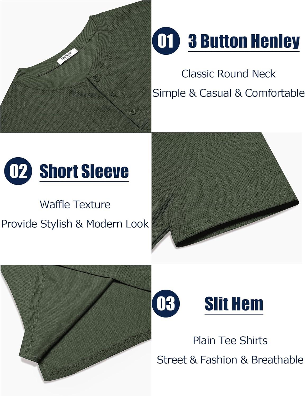 imageCOOFANDY Mens Waffle Henley Short Sleeve Textured T Shirt Casual Button Tee Shirts Heavyweight Henley Summer TopArmy Green
