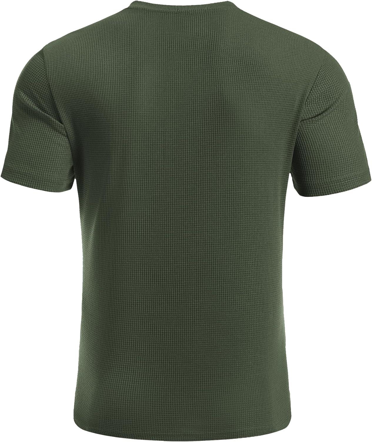 imageCOOFANDY Mens Waffle Henley Short Sleeve Textured T Shirt Casual Button Tee Shirts Heavyweight Henley Summer TopArmy Green
