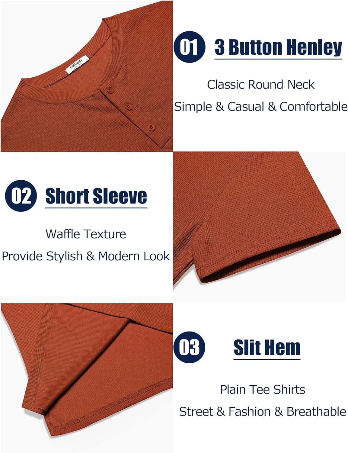 imageCOOFANDY Mens Waffle Henley Short Sleeve Textured T Shirt Casual Button Tee Shirts Heavyweight Henley Summer TopCaramel