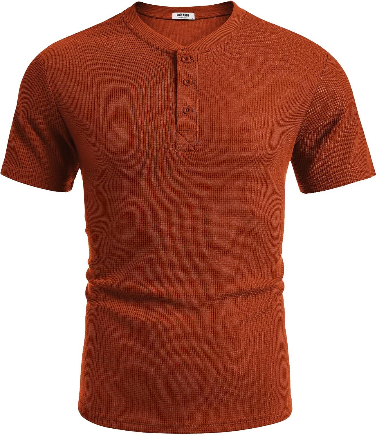 imageCOOFANDY Mens Waffle Henley Short Sleeve Textured T Shirt Casual Button Tee Shirts Heavyweight Henley Summer TopCaramel
