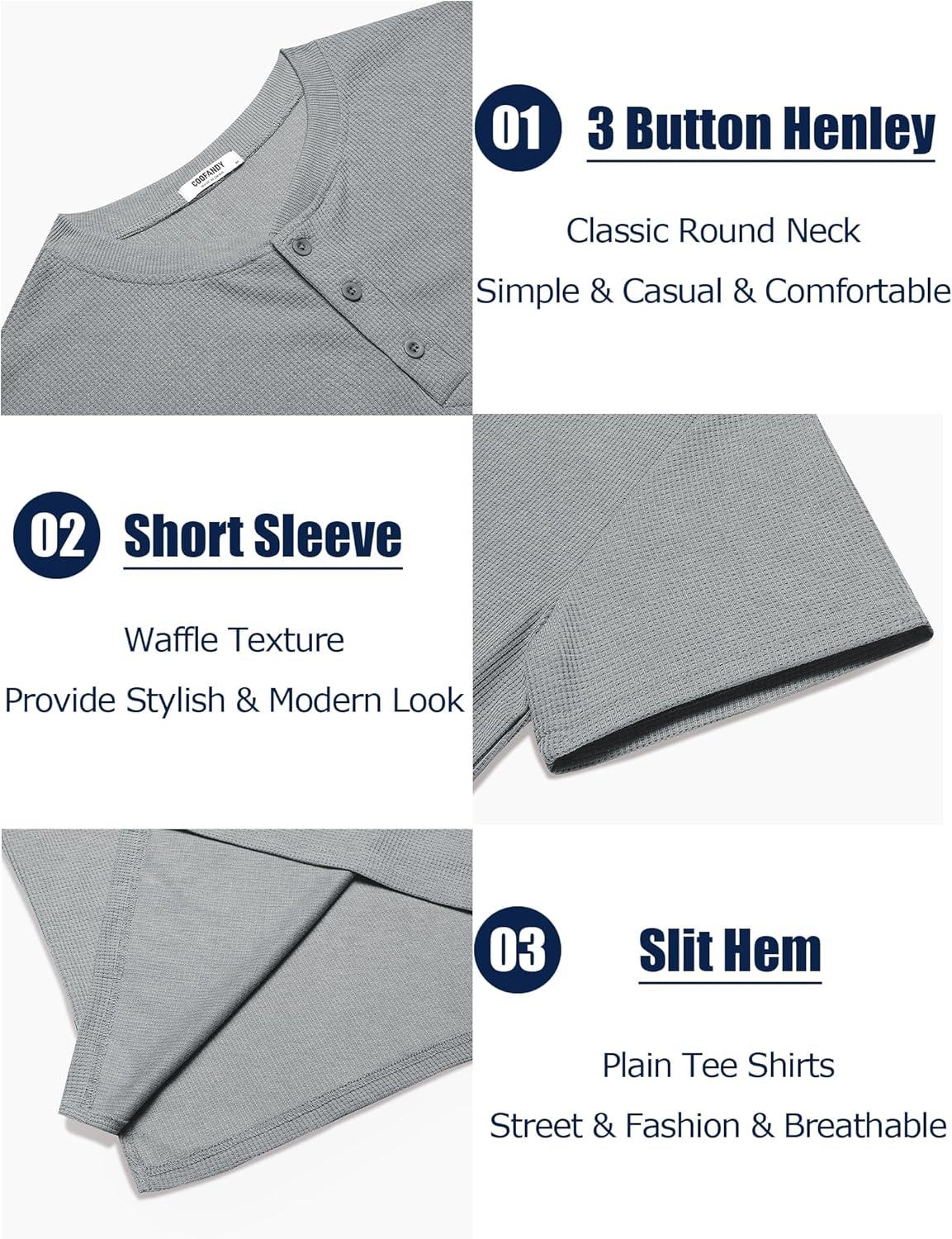 imageCOOFANDY Mens Waffle Henley Short Sleeve Textured T Shirt Casual Button Tee Shirts Heavyweight Henley Summer TopLight Grey