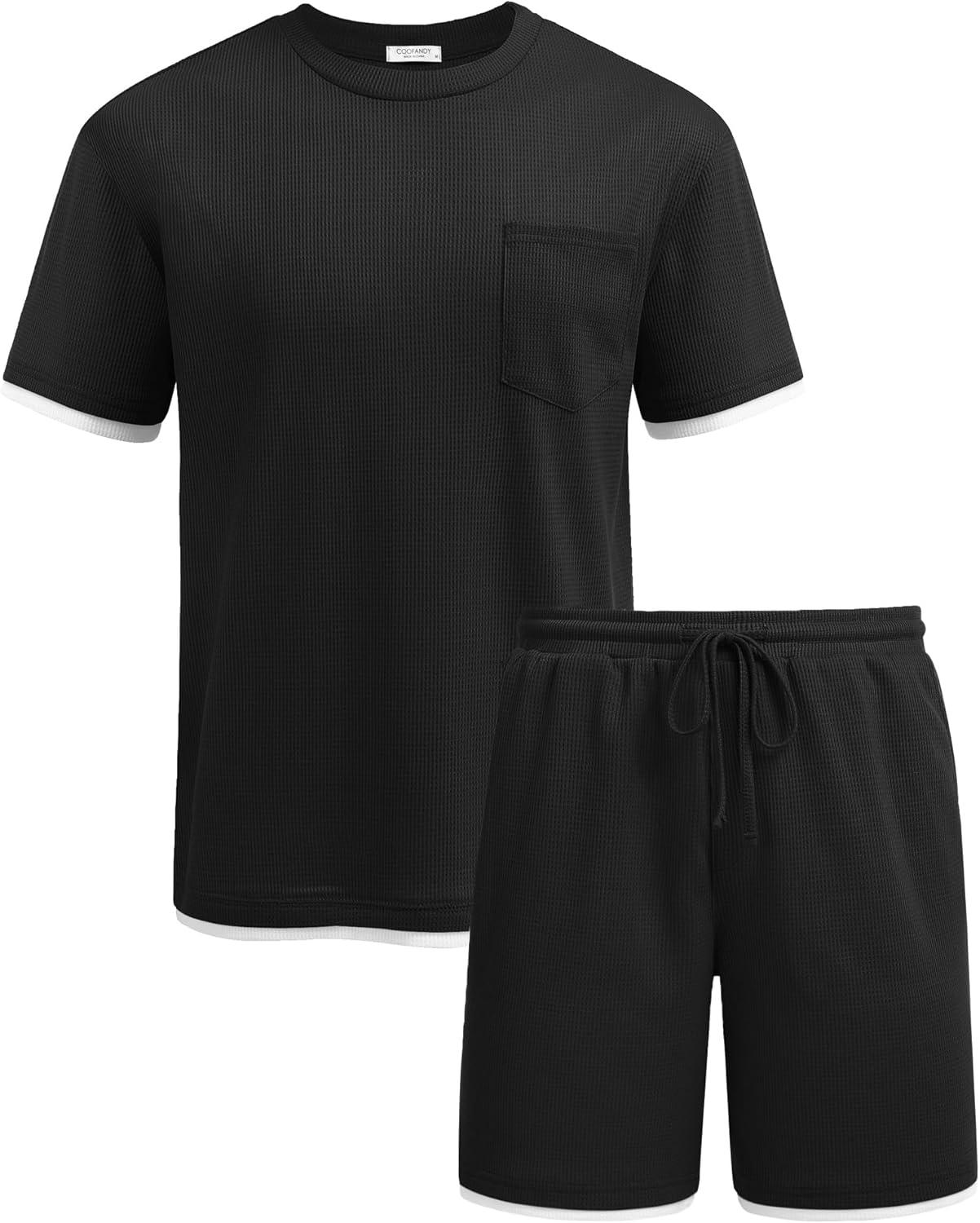 imageCOOFANDY Mens Waffle Shirt and Shorts Set 2 Piece Outfits Casual Summer Tracksuits Set with PocketsAblack