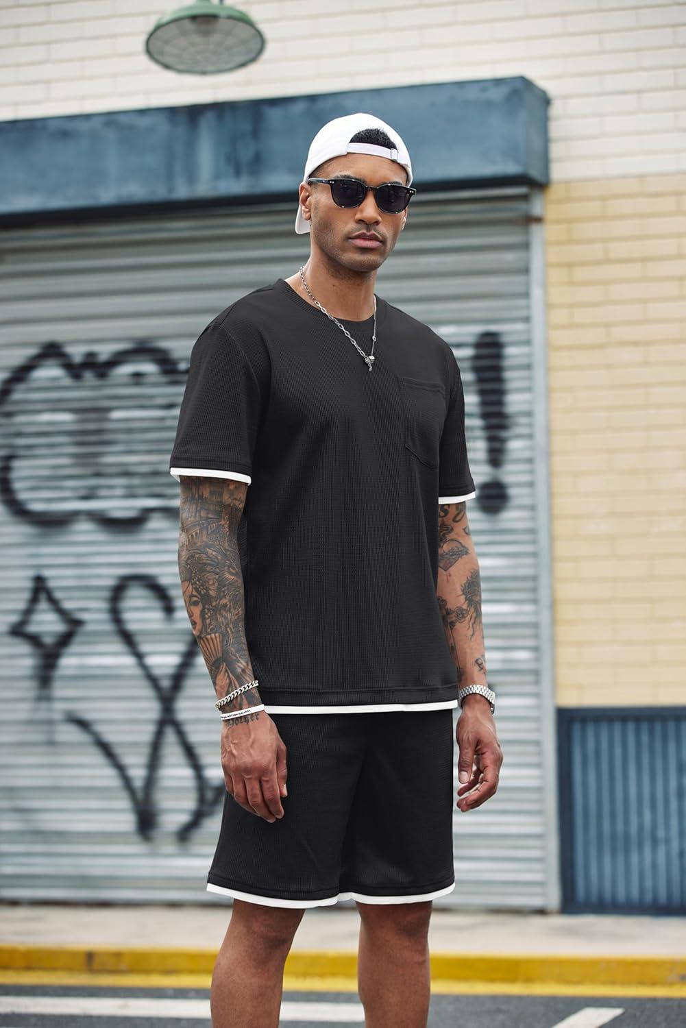 imageCOOFANDY Mens Waffle Shirt and Shorts Set 2 Piece Outfits Casual Summer Tracksuits Set with PocketsAblack