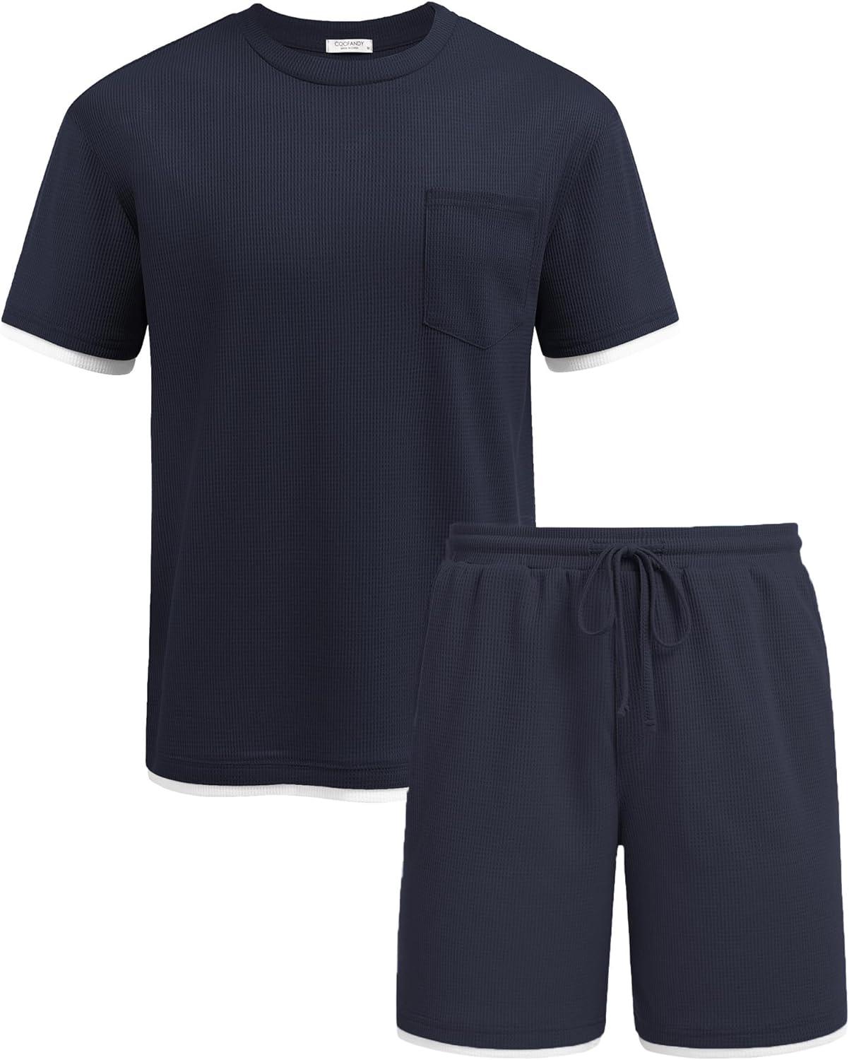 imageCOOFANDY Mens Waffle Shirt and Shorts Set 2 Piece Outfits Casual Summer Tracksuits Set with PocketsNavy Blue