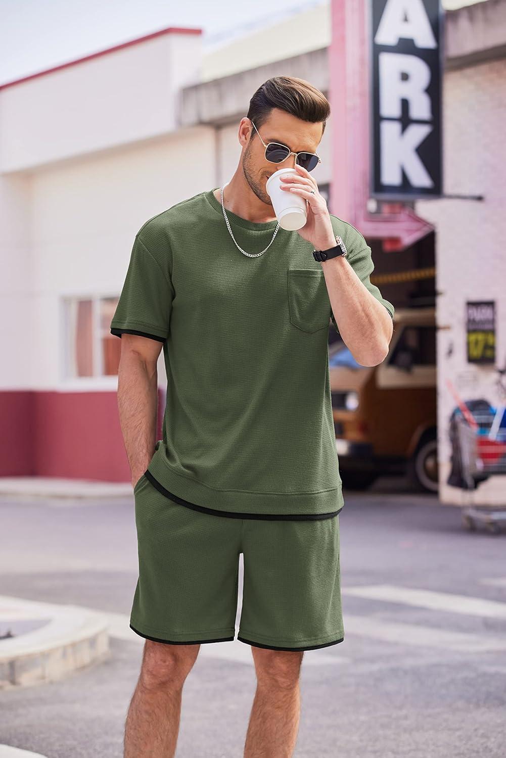 imageCOOFANDY Mens Waffle Shirt and Shorts Set 2 Piece Outfits Casual Summer Tracksuits Set with PocketsOlive Green