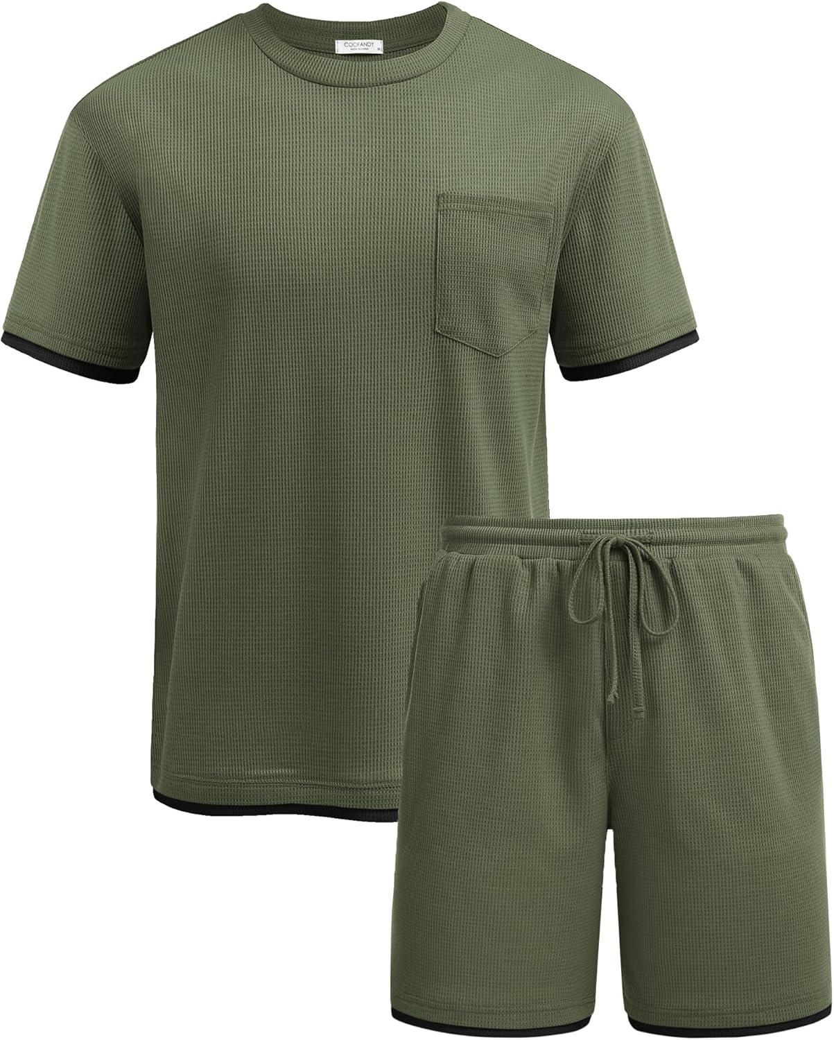 imageCOOFANDY Mens Waffle Shirt and Shorts Set 2 Piece Outfits Casual Summer Tracksuits Set with PocketsOlive Green