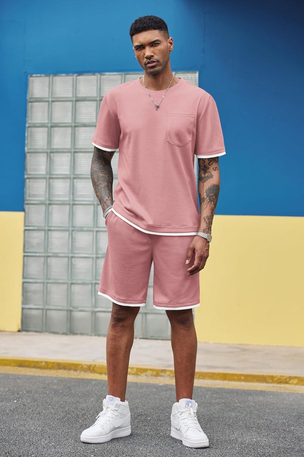 imageCOOFANDY Mens Waffle Shirt and Shorts Set 2 Piece Outfits Casual Summer Tracksuits Set with PocketsPink