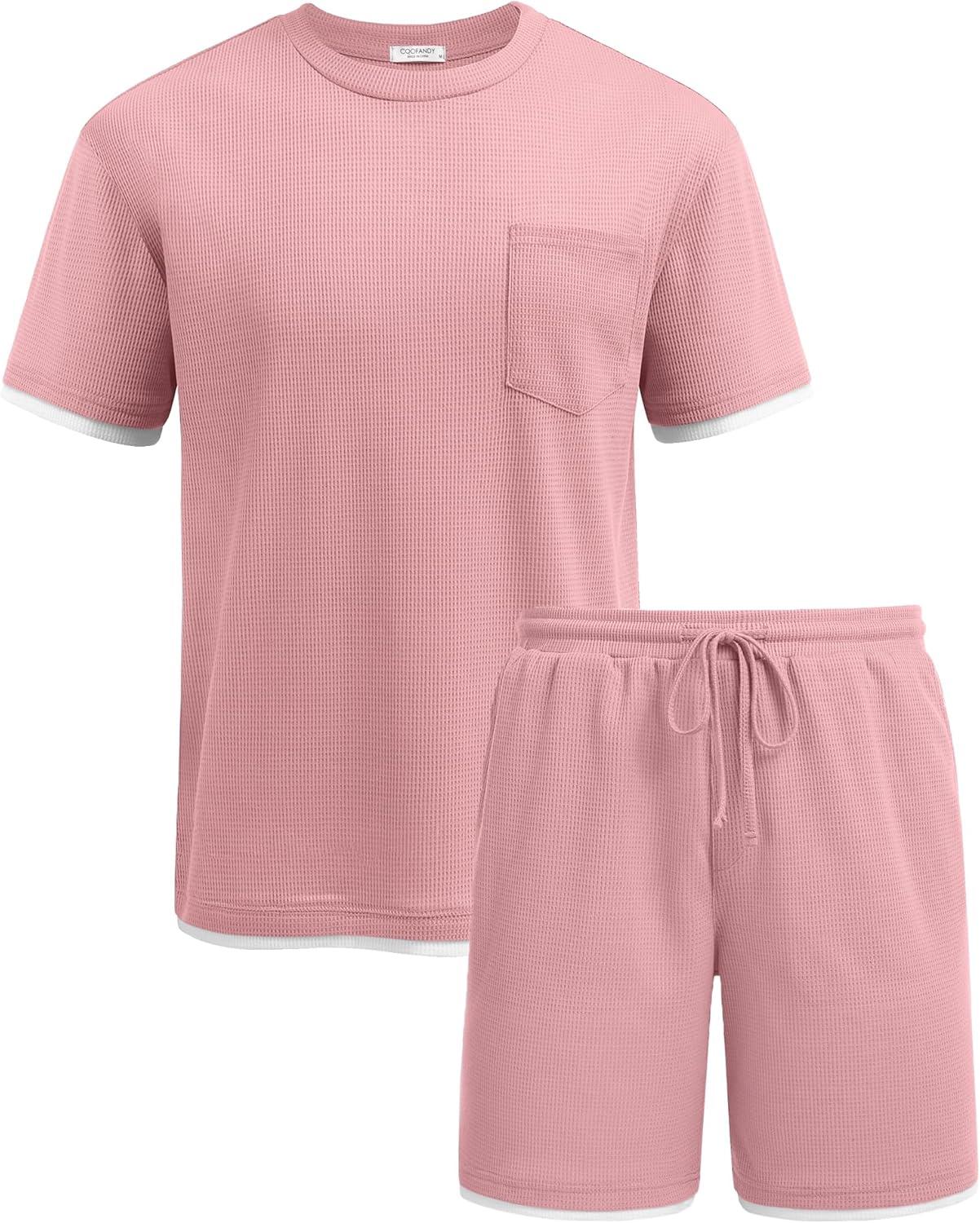 imageCOOFANDY Mens Waffle Shirt and Shorts Set 2 Piece Outfits Casual Summer Tracksuits Set with PocketsPink