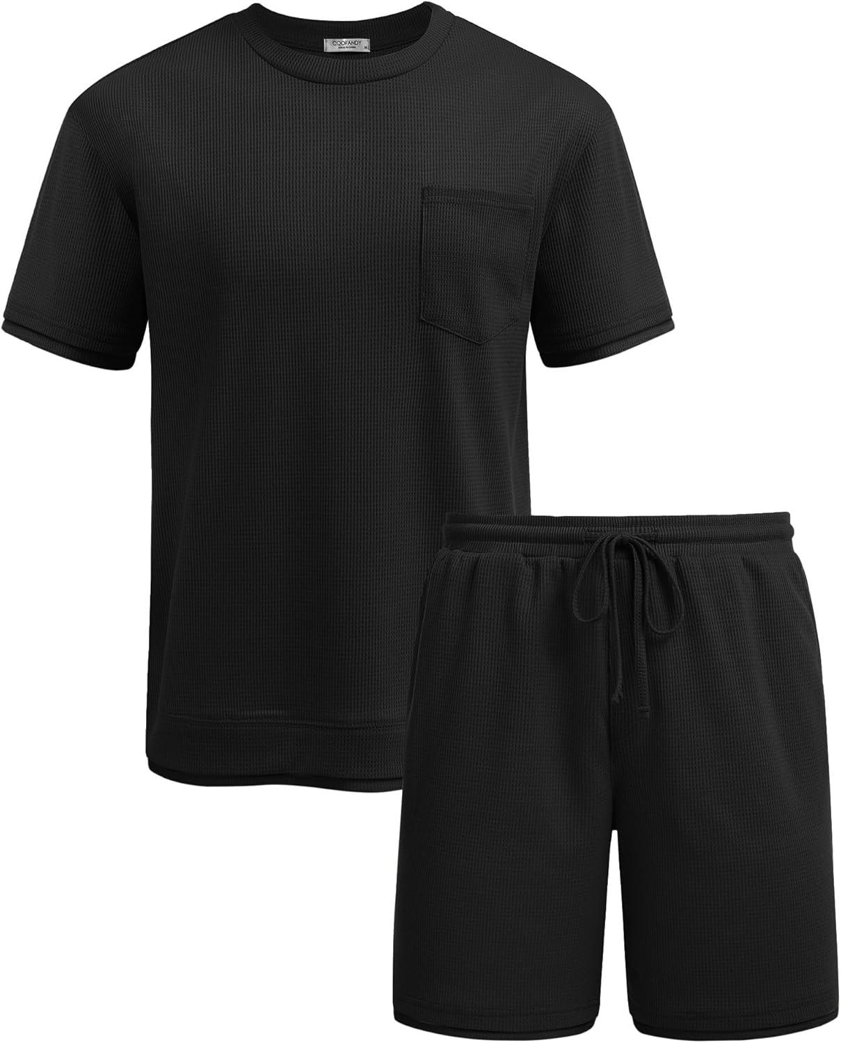 imageCOOFANDY Mens Waffle Shirt and Shorts Set 2 Piece Outfits Casual Summer Tracksuits Set with PocketsPure Black