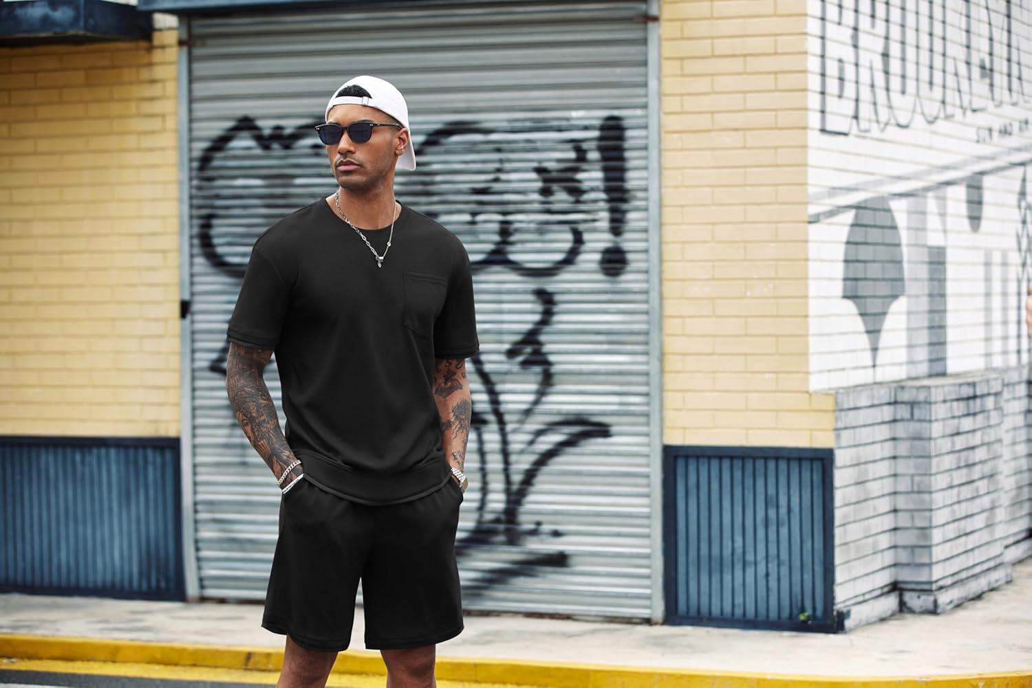 imageCOOFANDY Mens Waffle Shirt and Shorts Set 2 Piece Outfits Casual Summer Tracksuits Set with PocketsPure Black