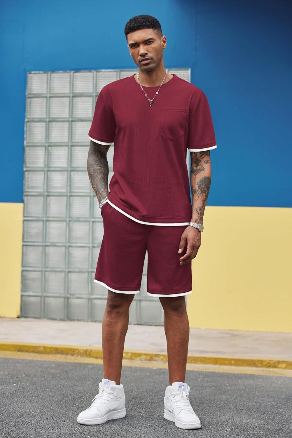 imageCOOFANDY Mens Waffle Shirt and Shorts Set 2 Piece Outfits Casual Summer Tracksuits Set with PocketsWine Red