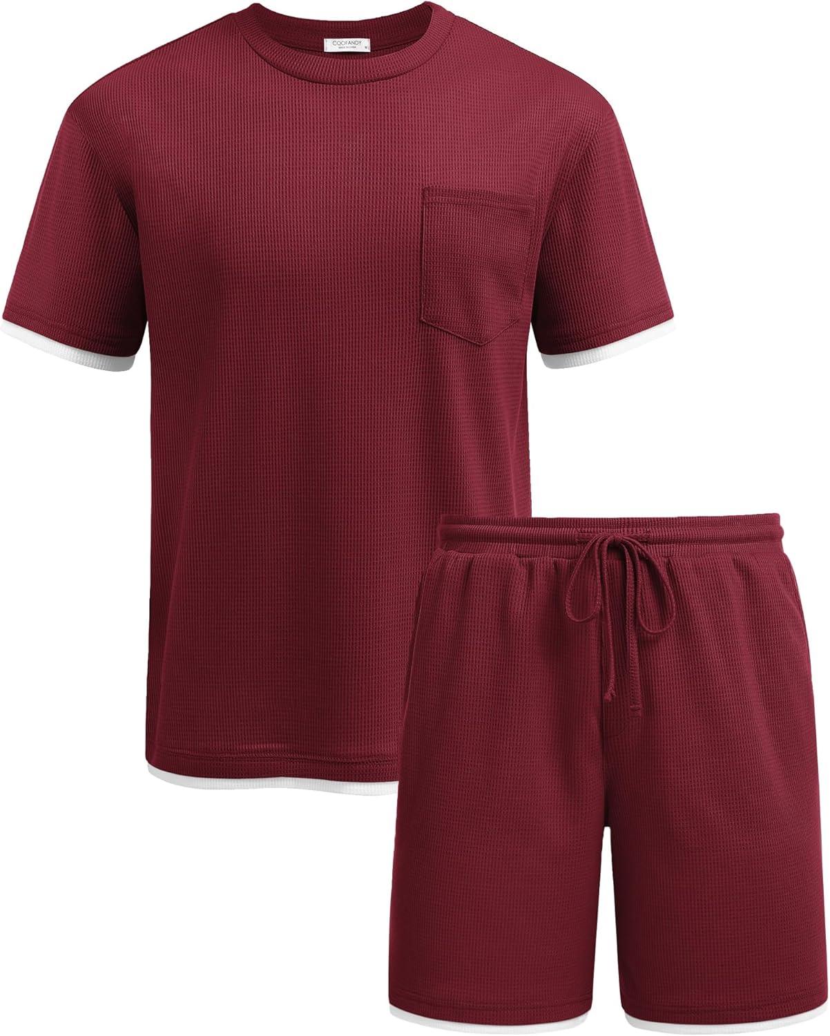 imageCOOFANDY Mens Waffle Shirt and Shorts Set 2 Piece Outfits Casual Summer Tracksuits Set with PocketsWine Red