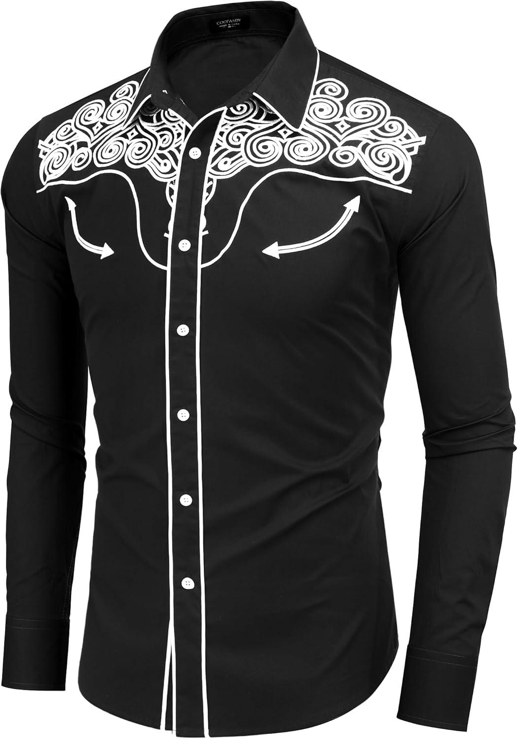 imageCOOFANDY Mens Western Cowboy Shirt Embroidered Button Down Long Sleeve ShirtsBlackpattern2