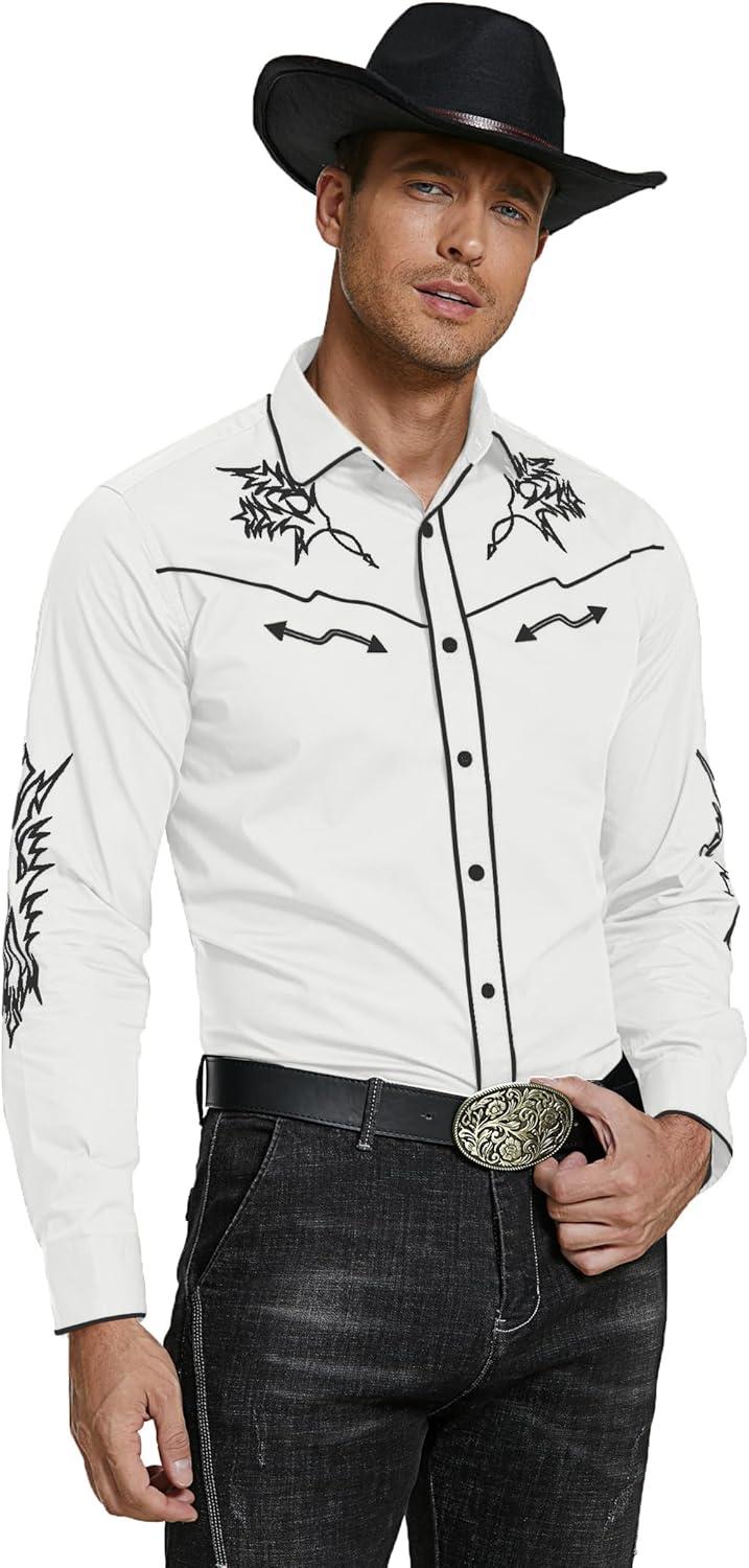imageCOOFANDY Mens Western Cowboy Shirt Embroidered Button Down Long Sleeve ShirtsWhite