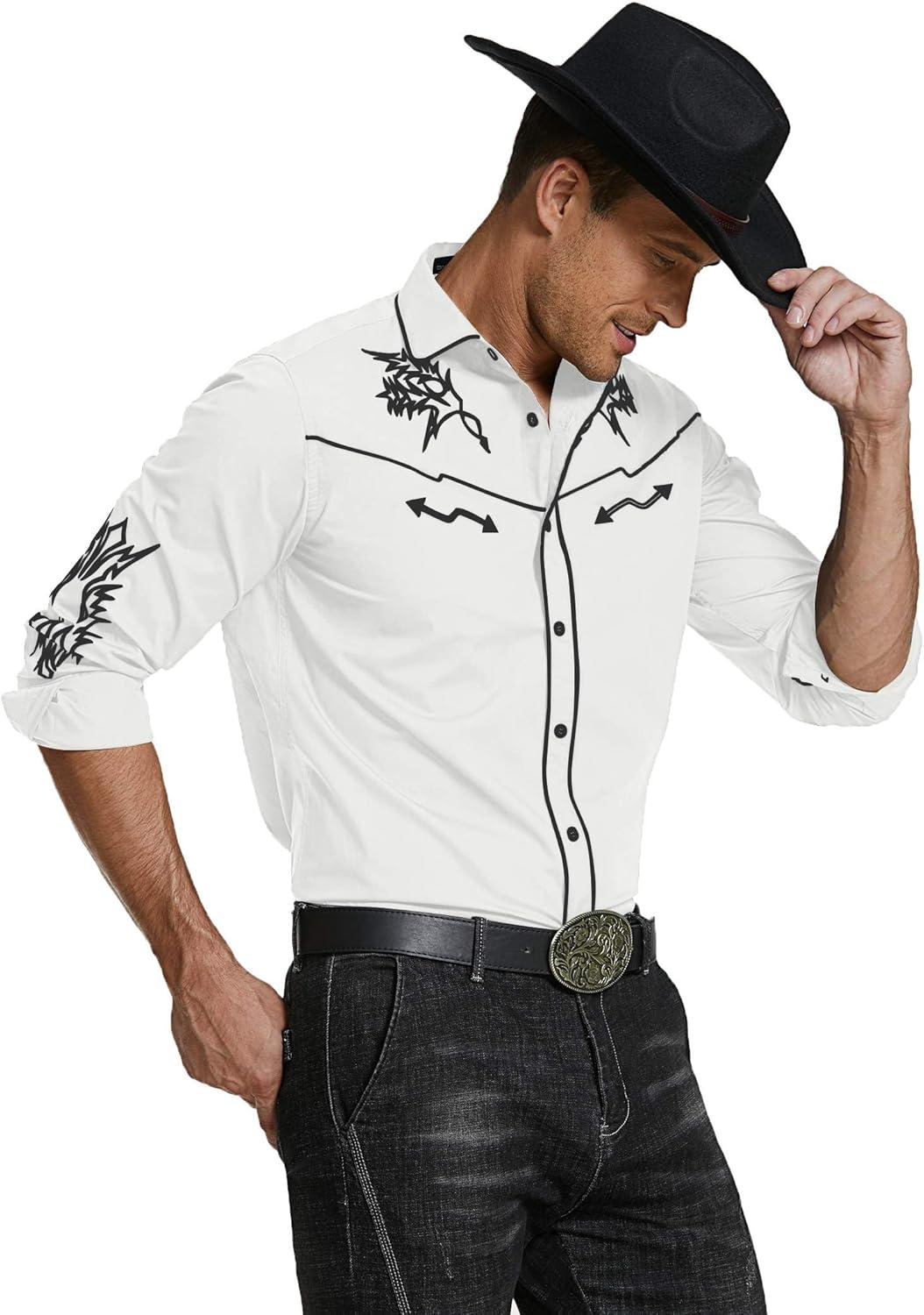 imageCOOFANDY Mens Western Cowboy Shirt Embroidered Button Down Long Sleeve ShirtsWhite