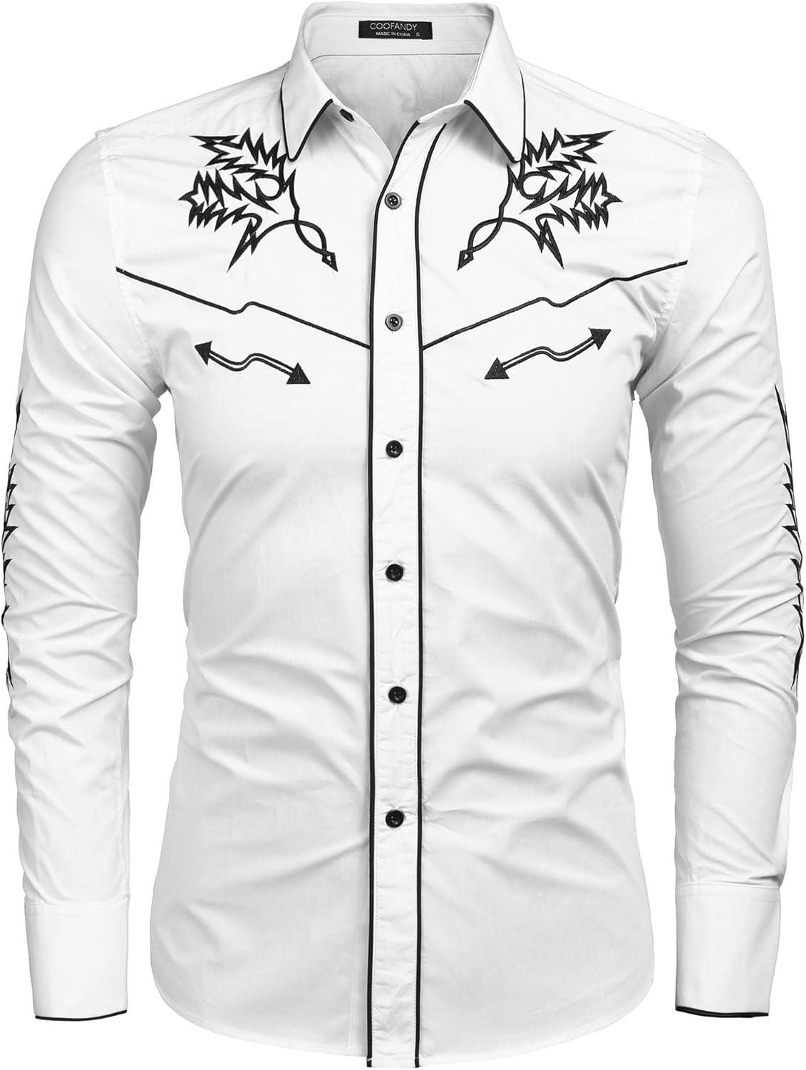 imageCOOFANDY Mens Western Cowboy Shirt Embroidered Button Down Long Sleeve ShirtsWhite