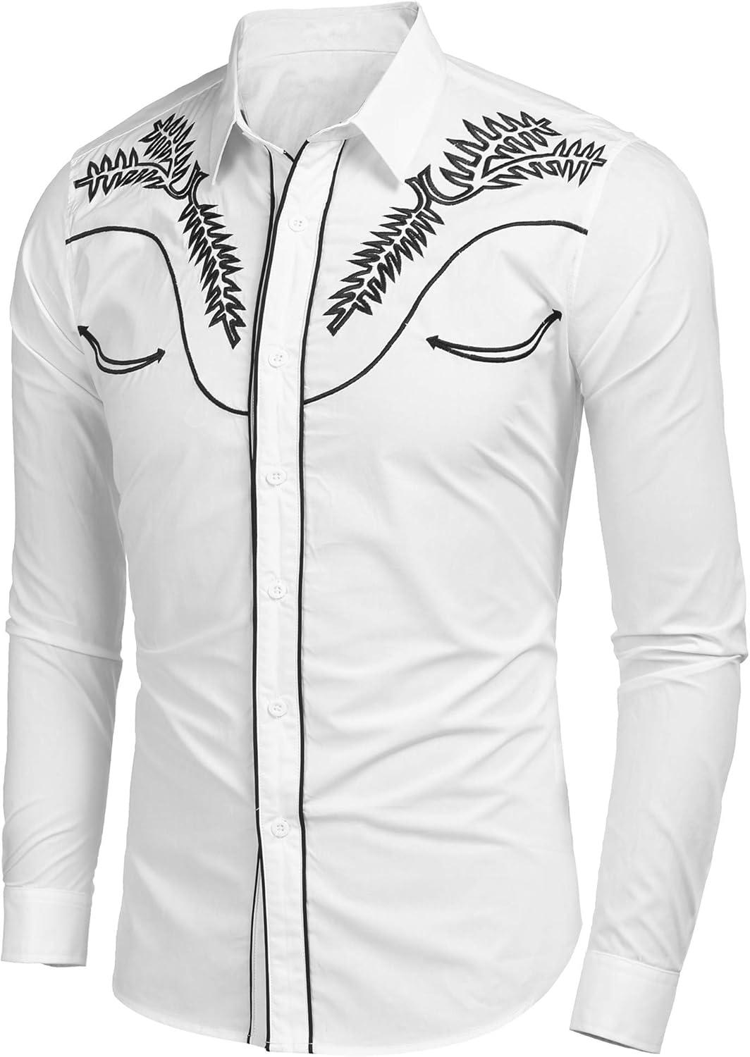 imageCOOFANDY Mens Western Cowboy Shirt Embroidered Button Down Long Sleeve ShirtsWhitepattern1