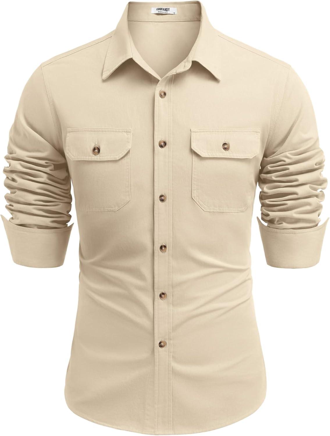 imageCOOFANDY Mens Western Cowboy Shirt Long Sleeve Cotton Button Down Work Shirts with PocketsBeige