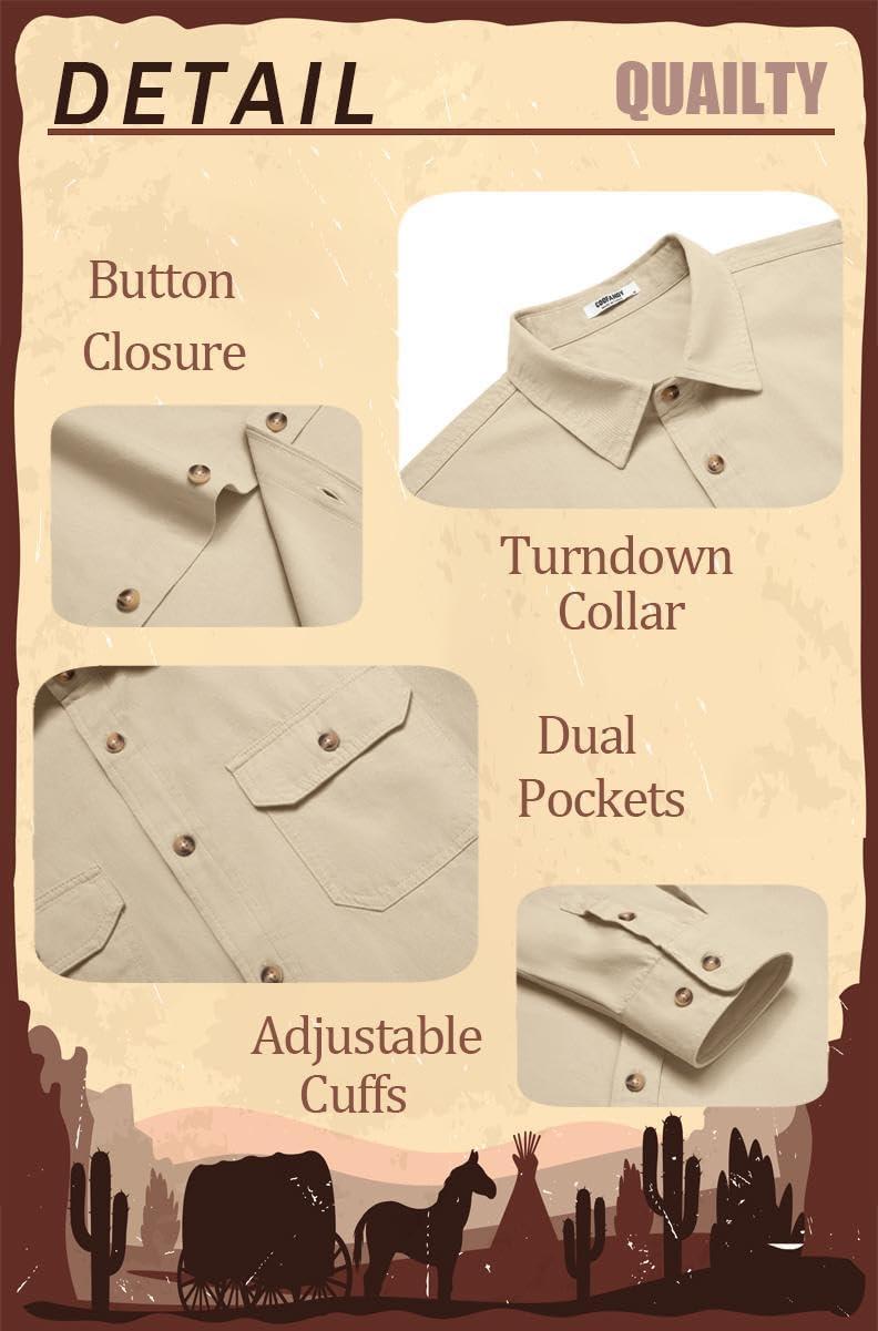 imageCOOFANDY Mens Western Cowboy Shirt Long Sleeve Cotton Button Down Work Shirts with PocketsBeige
