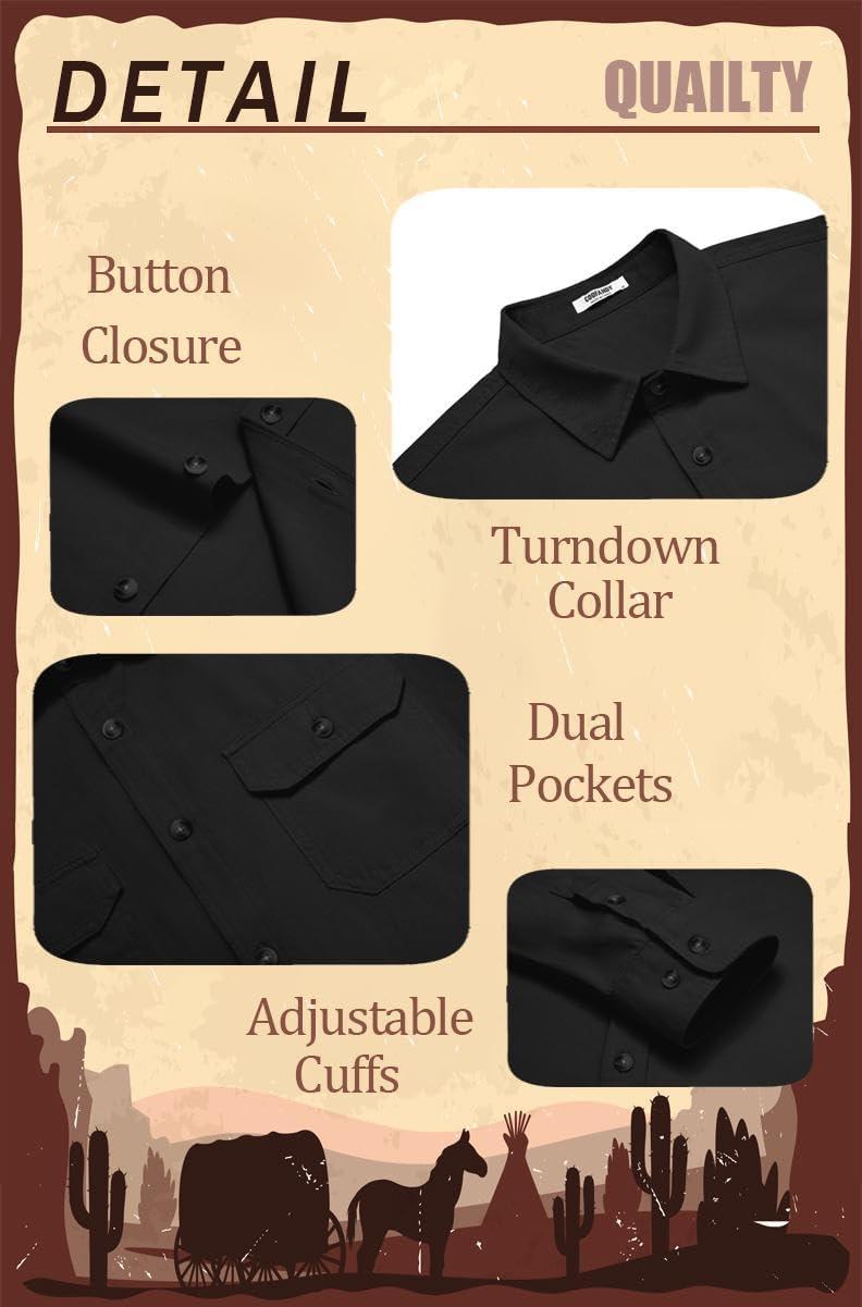 imageCOOFANDY Mens Western Cowboy Shirt Long Sleeve Cotton Button Down Work Shirts with PocketsBlack